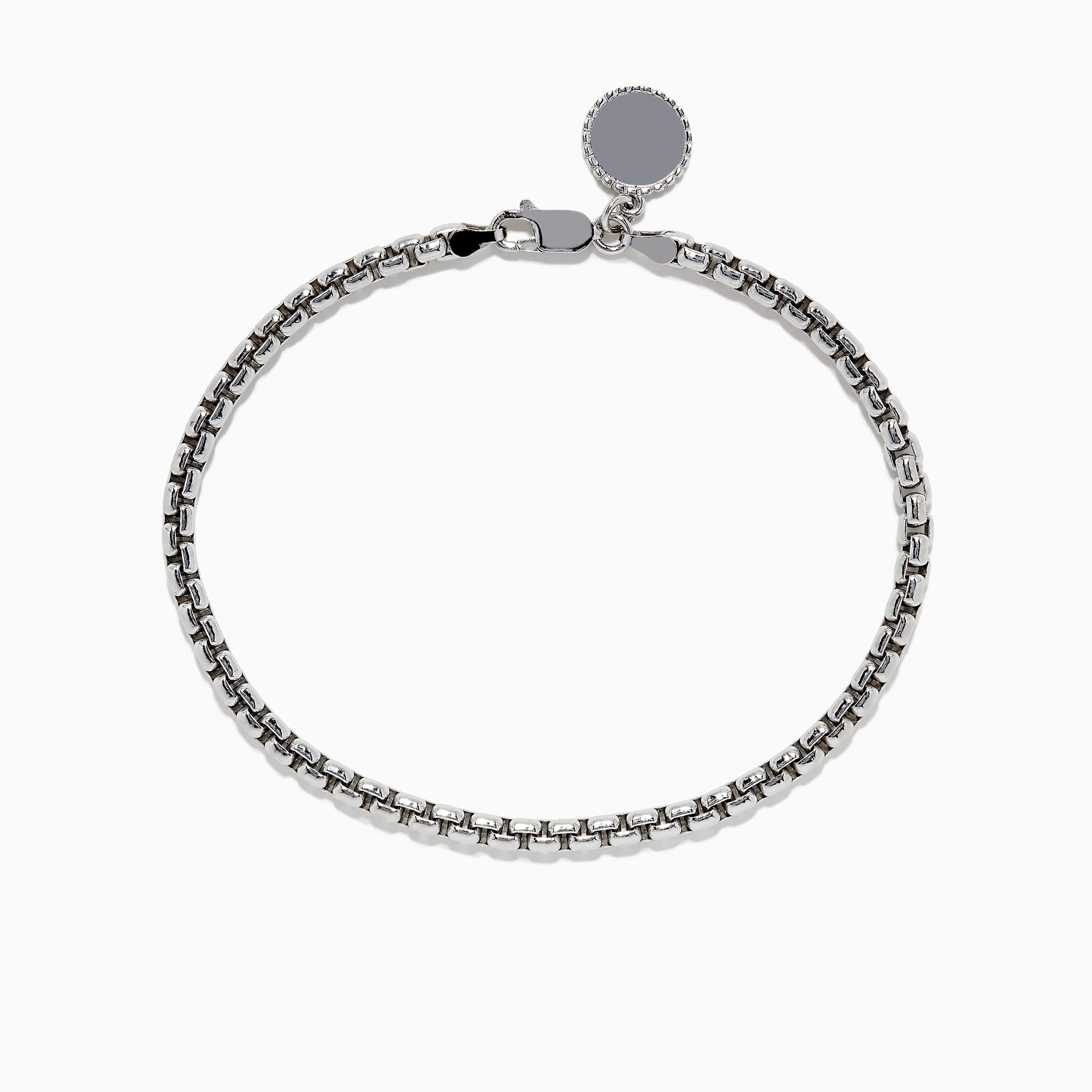 The Mens Sterling Silver 8 Box Link Bracelet features a round blank charm near the clasp and is displayed against a white background.