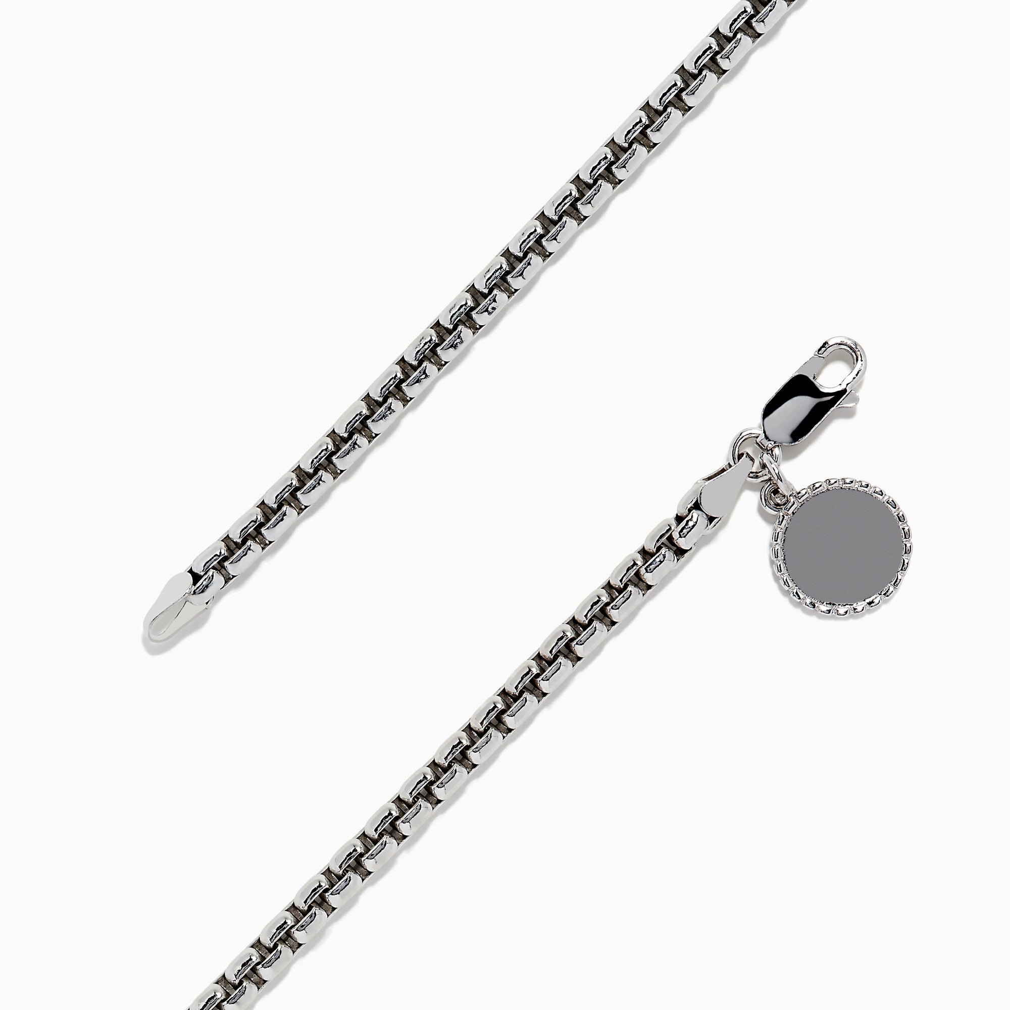 The Mens Sterling Silver 8 Box Link Bracelet features a round blank charm near the clasp and is displayed against a white background.