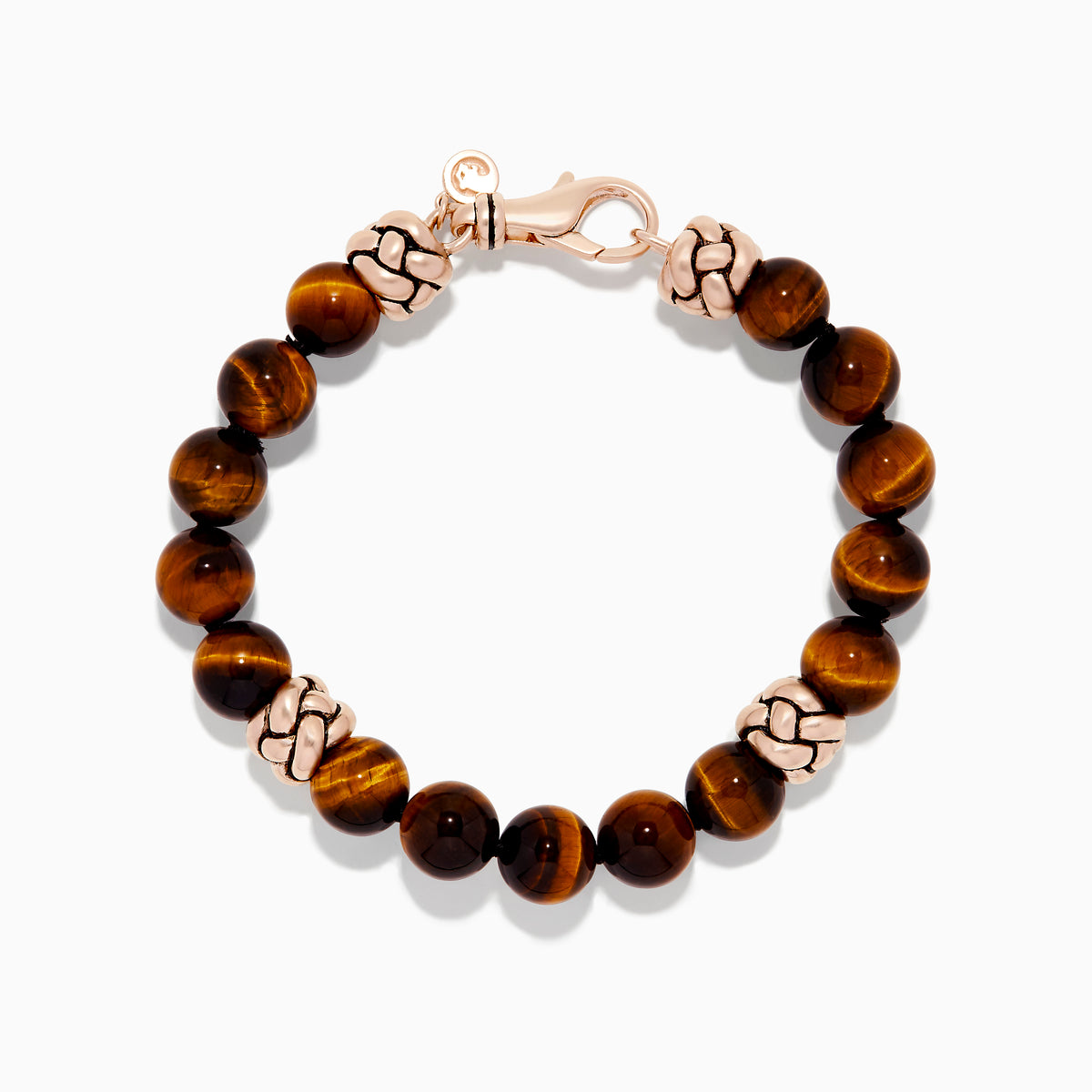 The Mens 925 Sterling Silver Rose Gold Plated Tigers Eye Bead Bracelet features polished brown Tigers Eye beads and rose gold-plated silver accents with a matching clasp, shown on a white background.