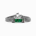 The Mens 925 Sterling Silver Braided Chain Malachite Bracelet 10.20 TCW showcases a bold rectangular green malachite centerpiece on a woven sterling silver chain with a secure clasp.