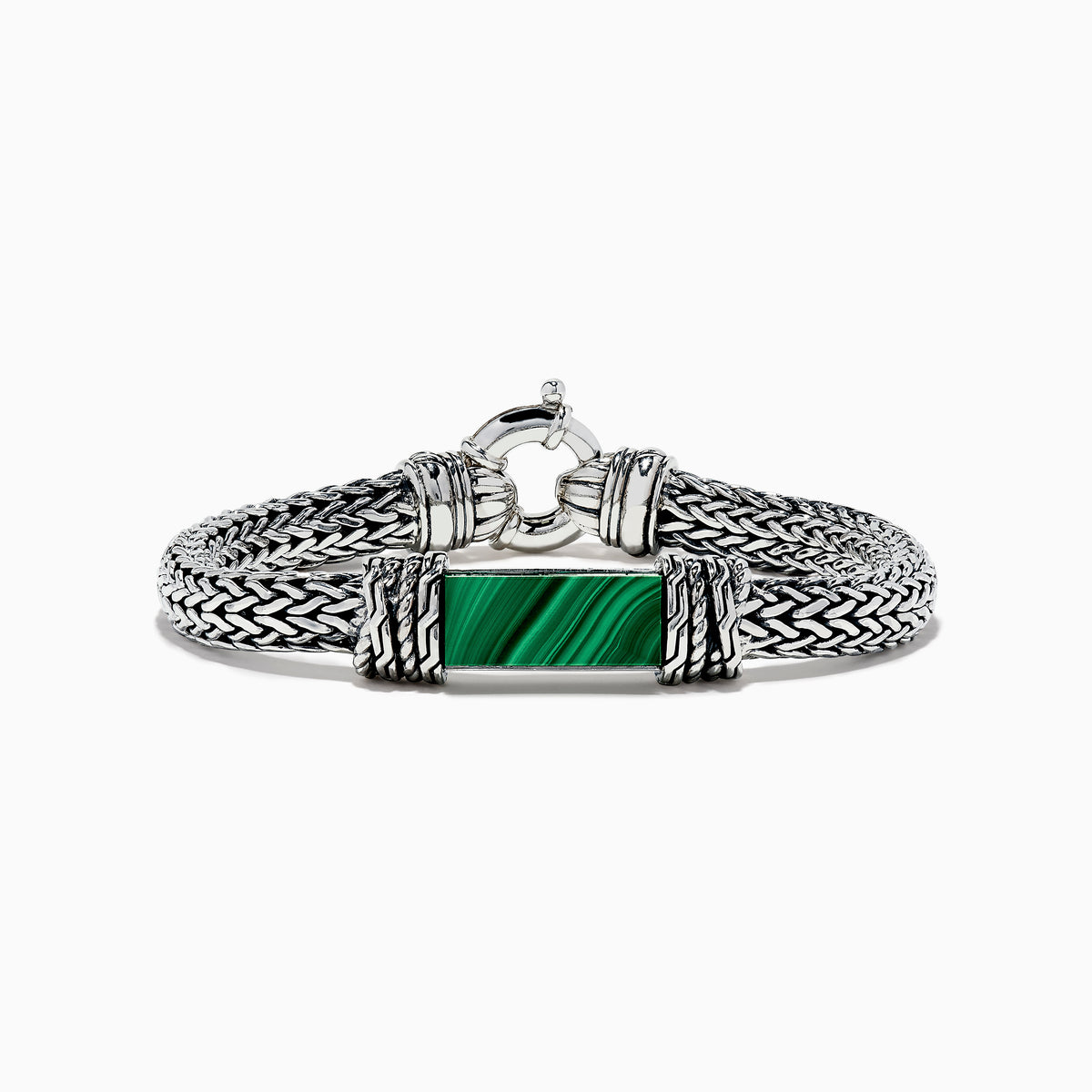 The Mens 925 Sterling Silver Braided Chain Malachite Bracelet 10.20 TCW showcases a bold rectangular green malachite centerpiece on a woven sterling silver chain with a secure clasp.