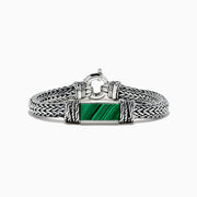 The Mens 925 Sterling Silver Braided Chain Malachite Bracelet 10.20 TCW showcases a bold rectangular green malachite centerpiece on a woven sterling silver chain with a secure clasp.