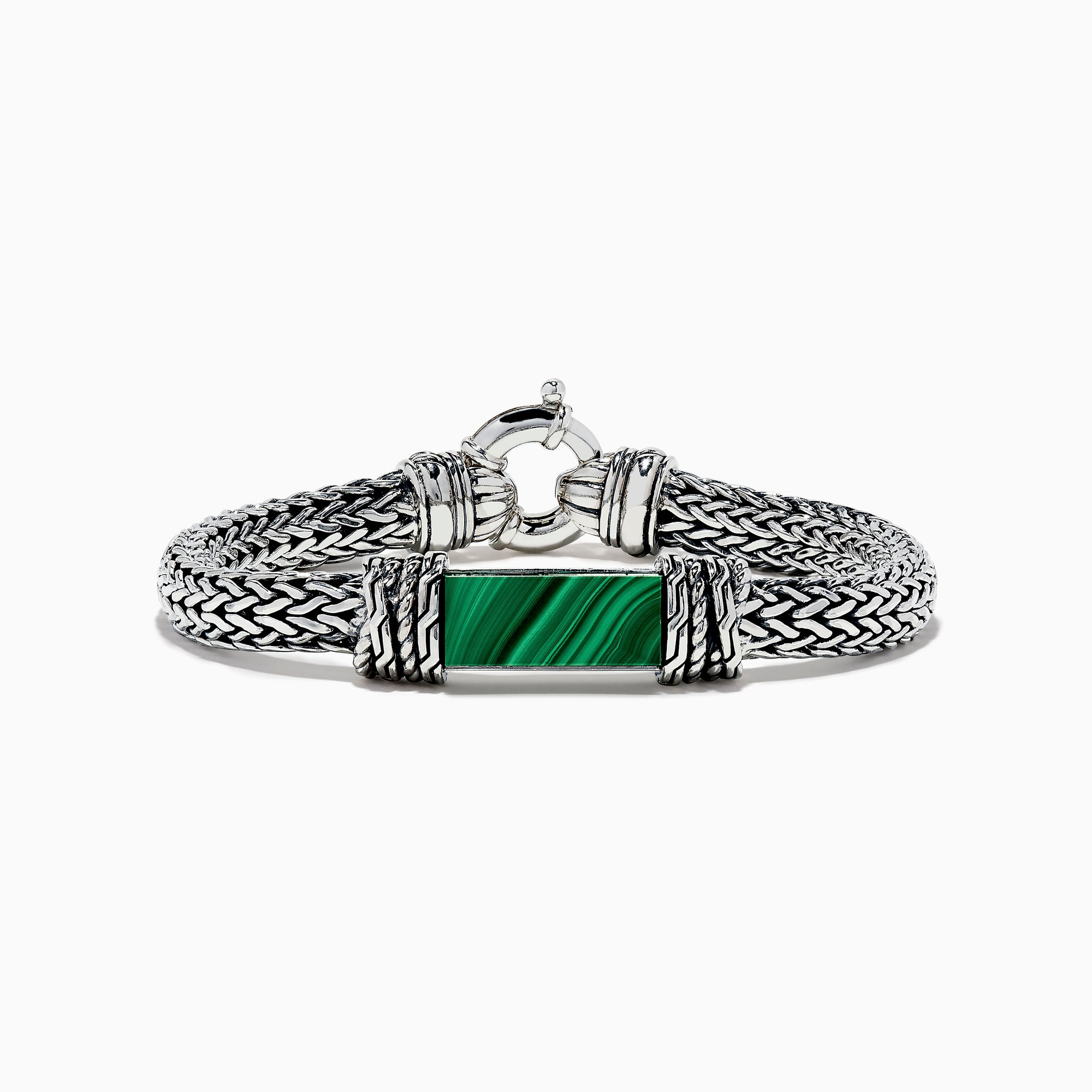 The Mens 925 Sterling Silver Braided Chain Malachite Bracelet 10.20 TCW showcases a bold rectangular green malachite centerpiece on a woven sterling silver chain with a secure clasp.