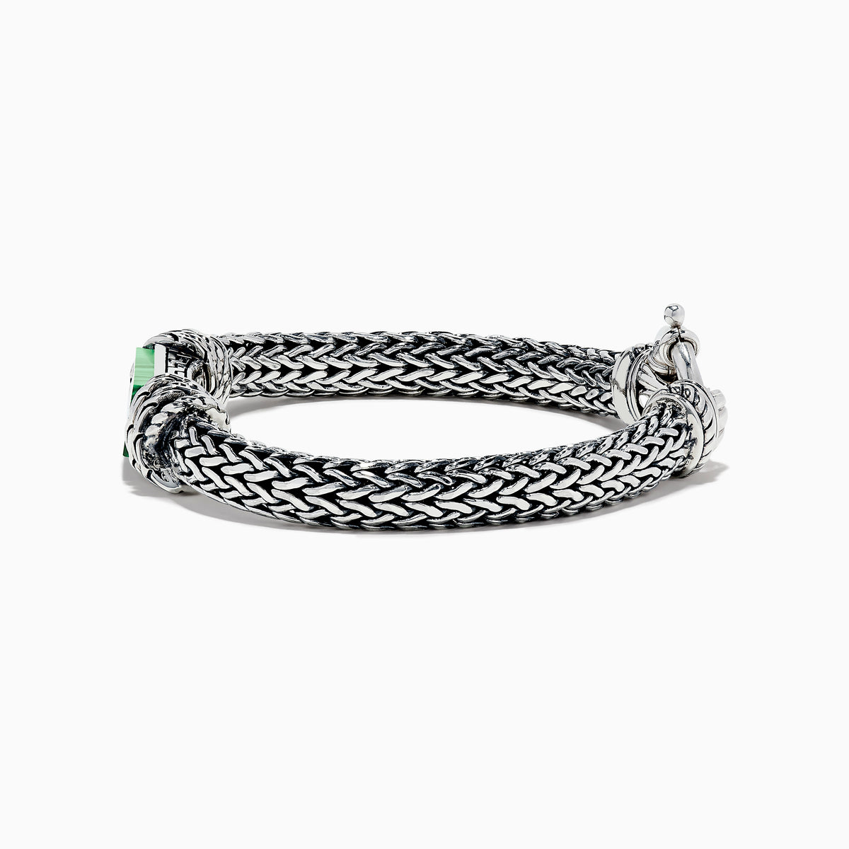 The Mens 925 Sterling Silver Braided Chain Malachite Bracelet 10.20 TCW showcases a bold rectangular green malachite centerpiece on a woven sterling silver chain with a secure clasp.