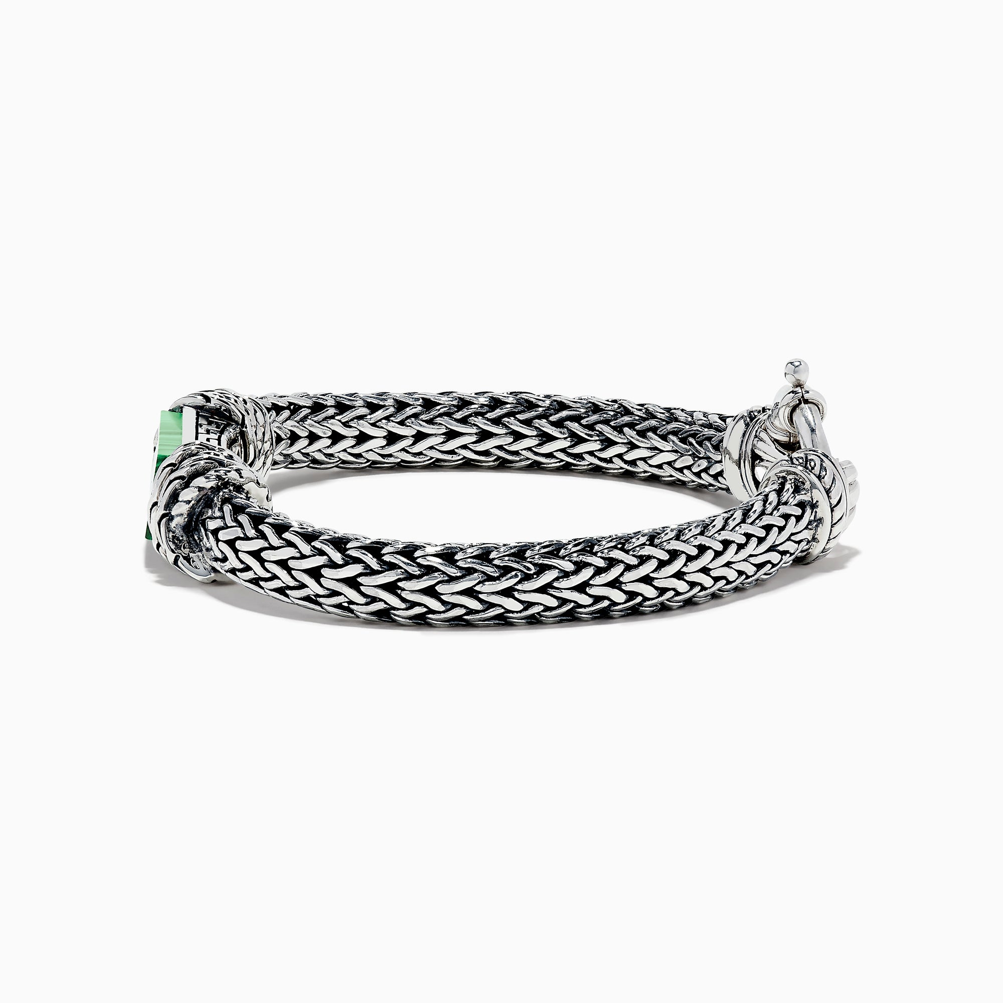 The Mens 925 Sterling Silver Braided Chain Malachite Bracelet 10.20 TCW showcases a bold rectangular green malachite centerpiece on a woven sterling silver chain with a secure clasp.
