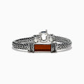Men’s 925 Sterling Silver Braided Chain Tiger Eye Bracelet 5.0 TCW with a rectangular brown tiger eye stone set in the center and decorative metalwork, displayed on a white background.