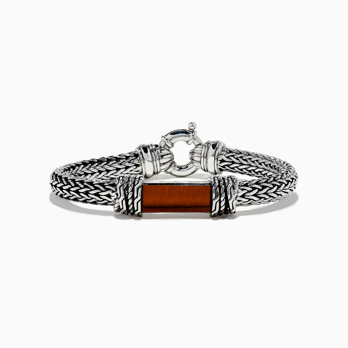 Men’s 925 Sterling Silver Braided Chain Tiger Eye Bracelet 5.0 TCW with a rectangular brown tiger eye stone set in the center and decorative metalwork, displayed on a white background.