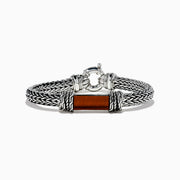 Men’s 925 Sterling Silver Braided Chain Tiger Eye Bracelet 5.0 TCW with a rectangular brown tiger eye stone set in the center and decorative metalwork, displayed on a white background.