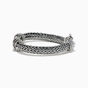 Men’s 925 Sterling Silver Braided Chain Tiger Eye Bracelet 5.0 TCW with a rectangular brown tiger eye stone set in the center and decorative metalwork, displayed on a white background.