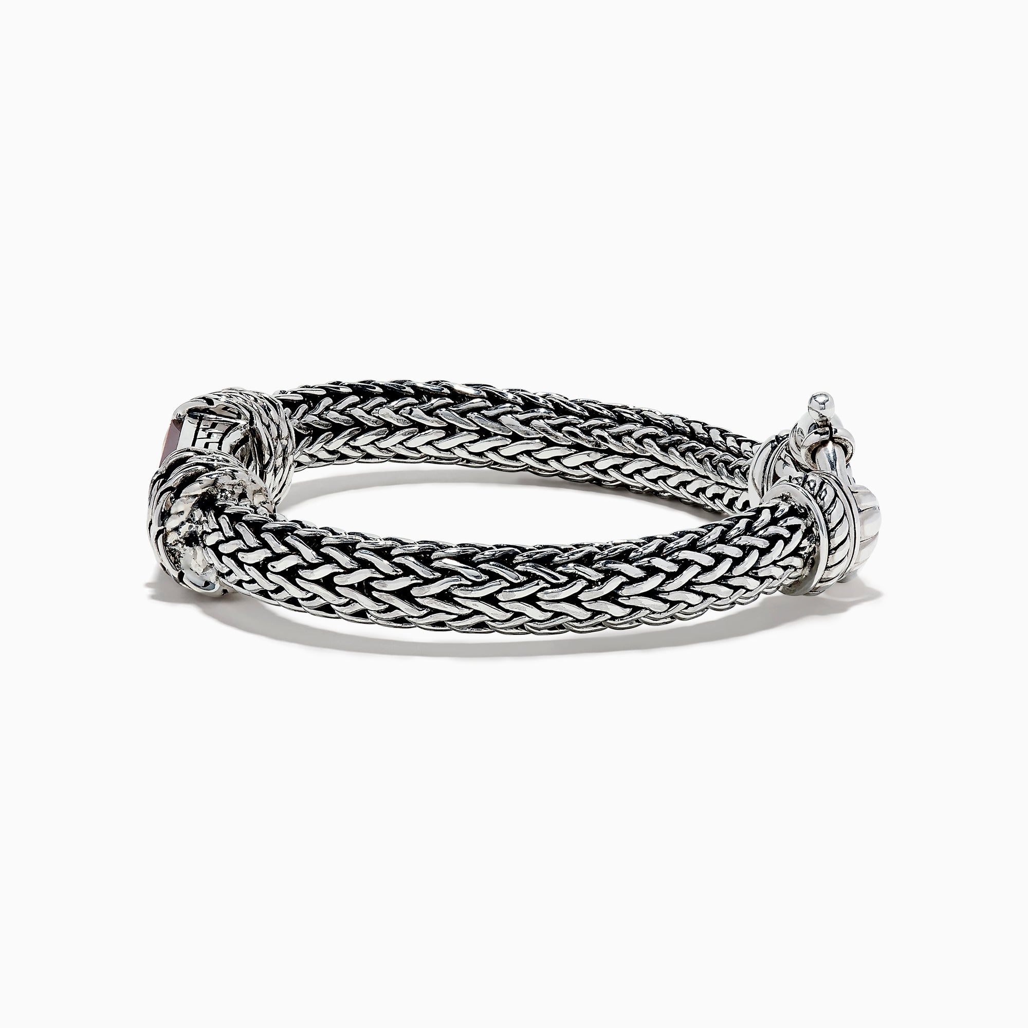 Men’s 925 Sterling Silver Braided Chain Tiger Eye Bracelet 5.0 TCW with a rectangular brown tiger eye stone set in the center and decorative metalwork, displayed on a white background.