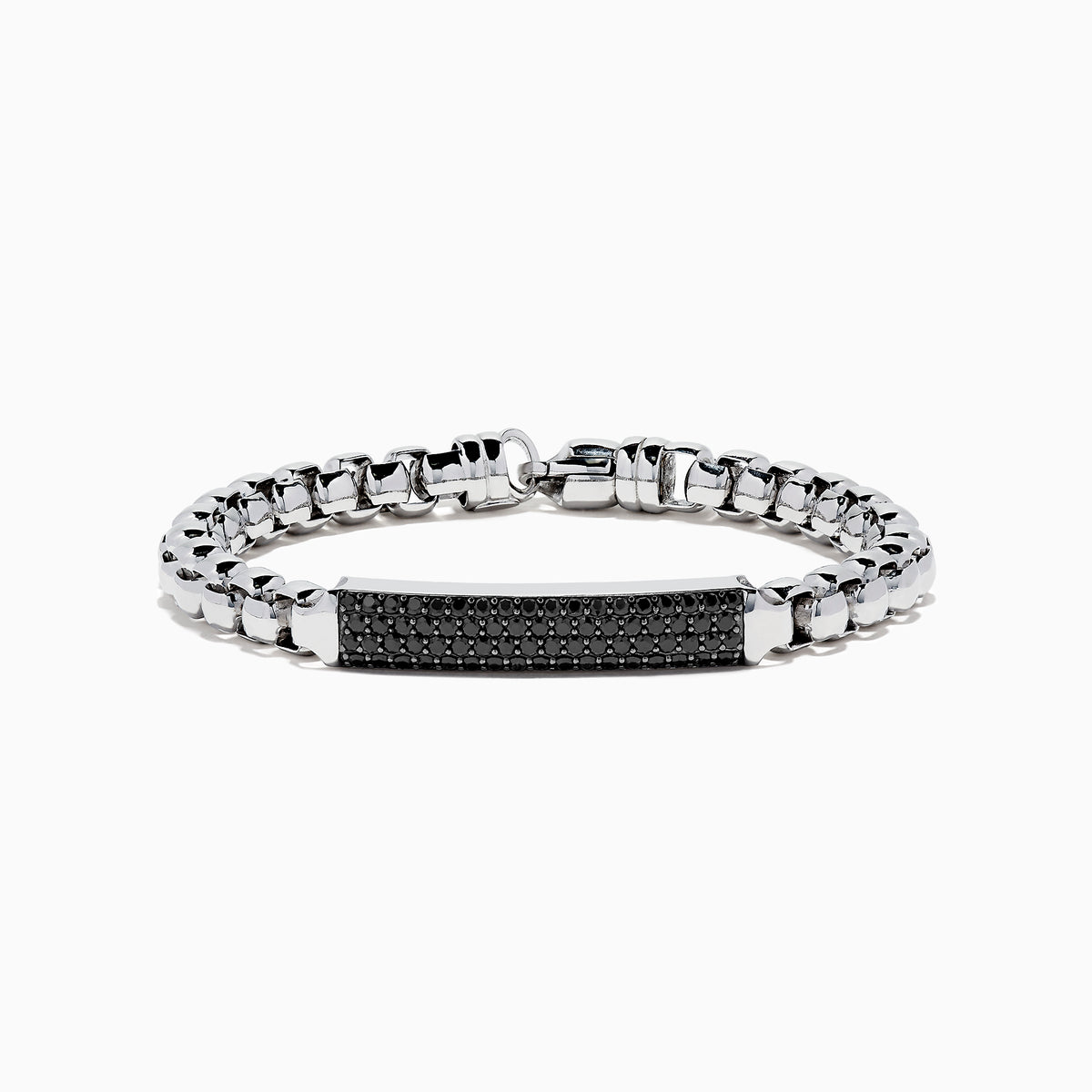 Mens 925 Sterling Silver Chain Link Black Spinel Bracelet, 3.15 TCW, features a rectangular black plate with shiny spinel stones and is shown on a plain white background.