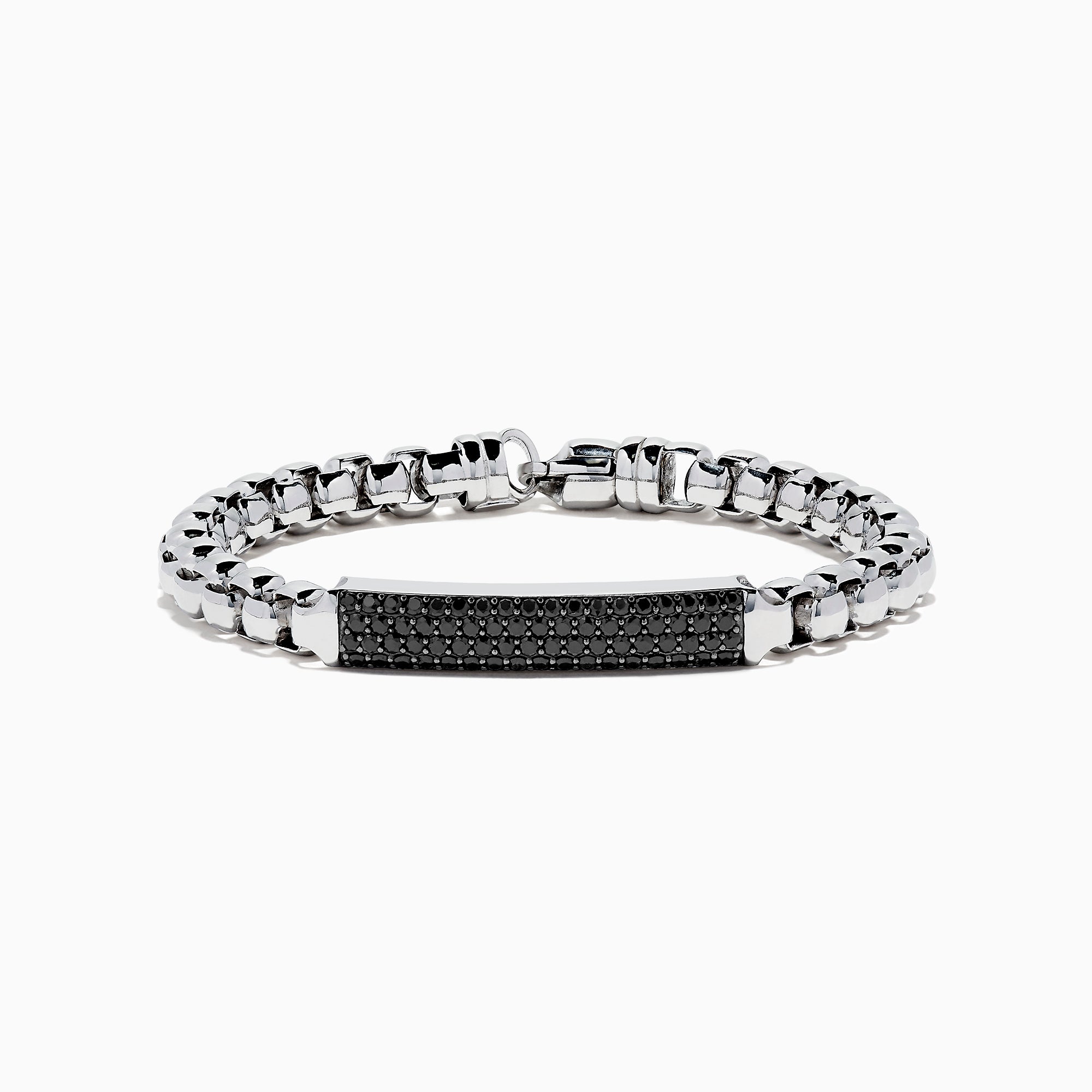 Mens 925 Sterling Silver Chain Link Black Spinel Bracelet, 3.15 TCW, features a rectangular black plate with shiny spinel stones and is shown on a plain white background.