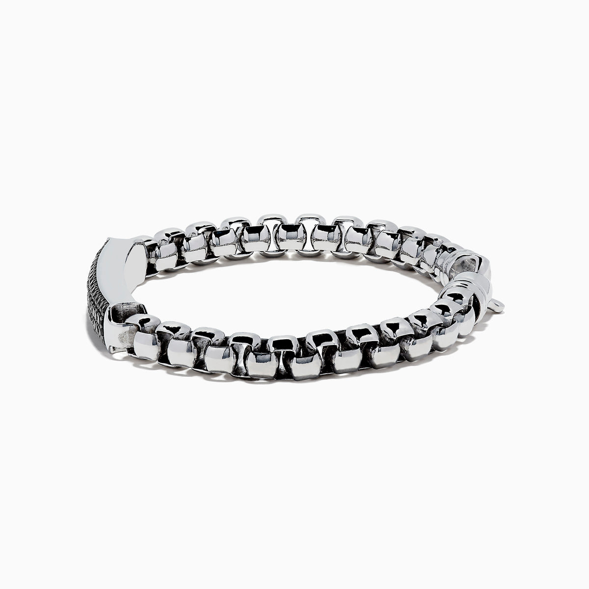 Mens 925 Sterling Silver Chain Link Black Spinel Bracelet, 3.15 TCW, features a rectangular black plate with shiny spinel stones and is shown on a plain white background.