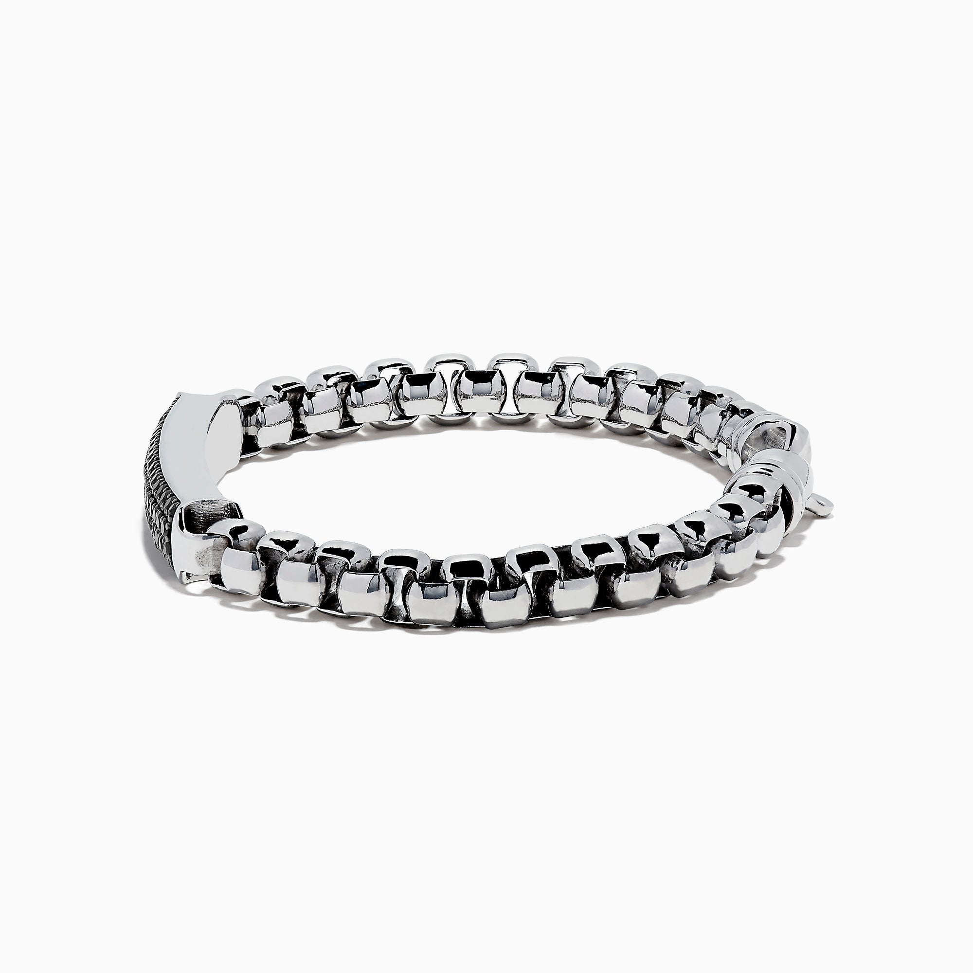Mens 925 Sterling Silver Chain Link Black Spinel Bracelet, 3.15 TCW, features a rectangular black plate with shiny spinel stones and is shown on a plain white background.