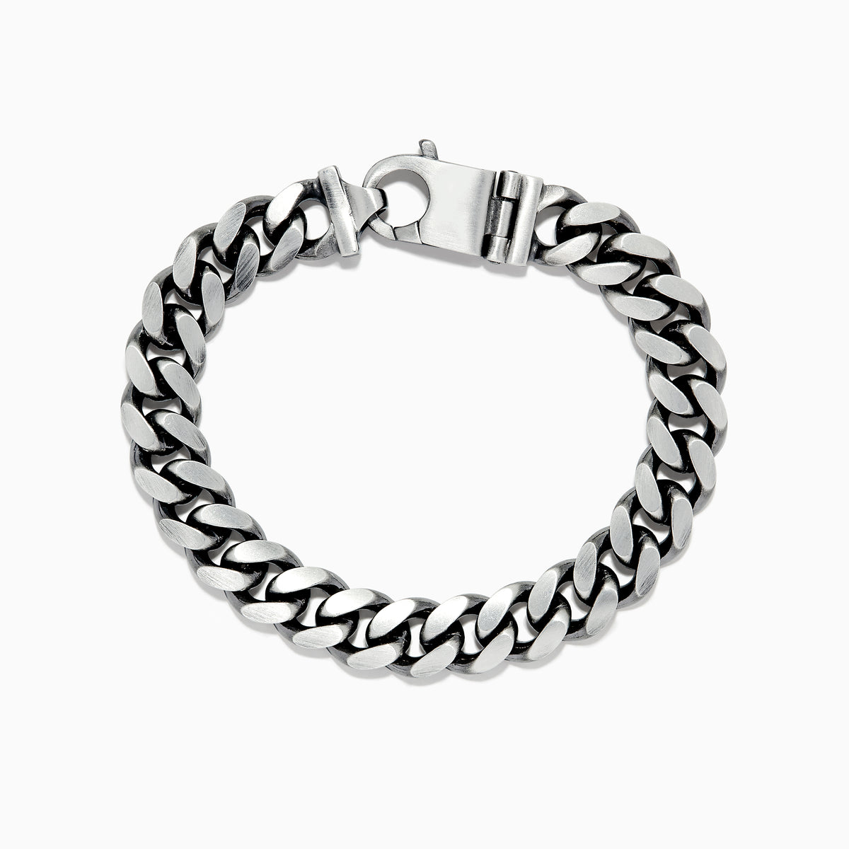 The Mens 925 Sterling Silver Chain Link Bracelet features thick Cuban links and a secure box clasp, displayed in a circular shape on a white background.