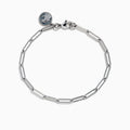 The 925 Sterling Silver Paperclip Chain Bracelet features elongated oval links and a round engraved charm, shown on a white background.