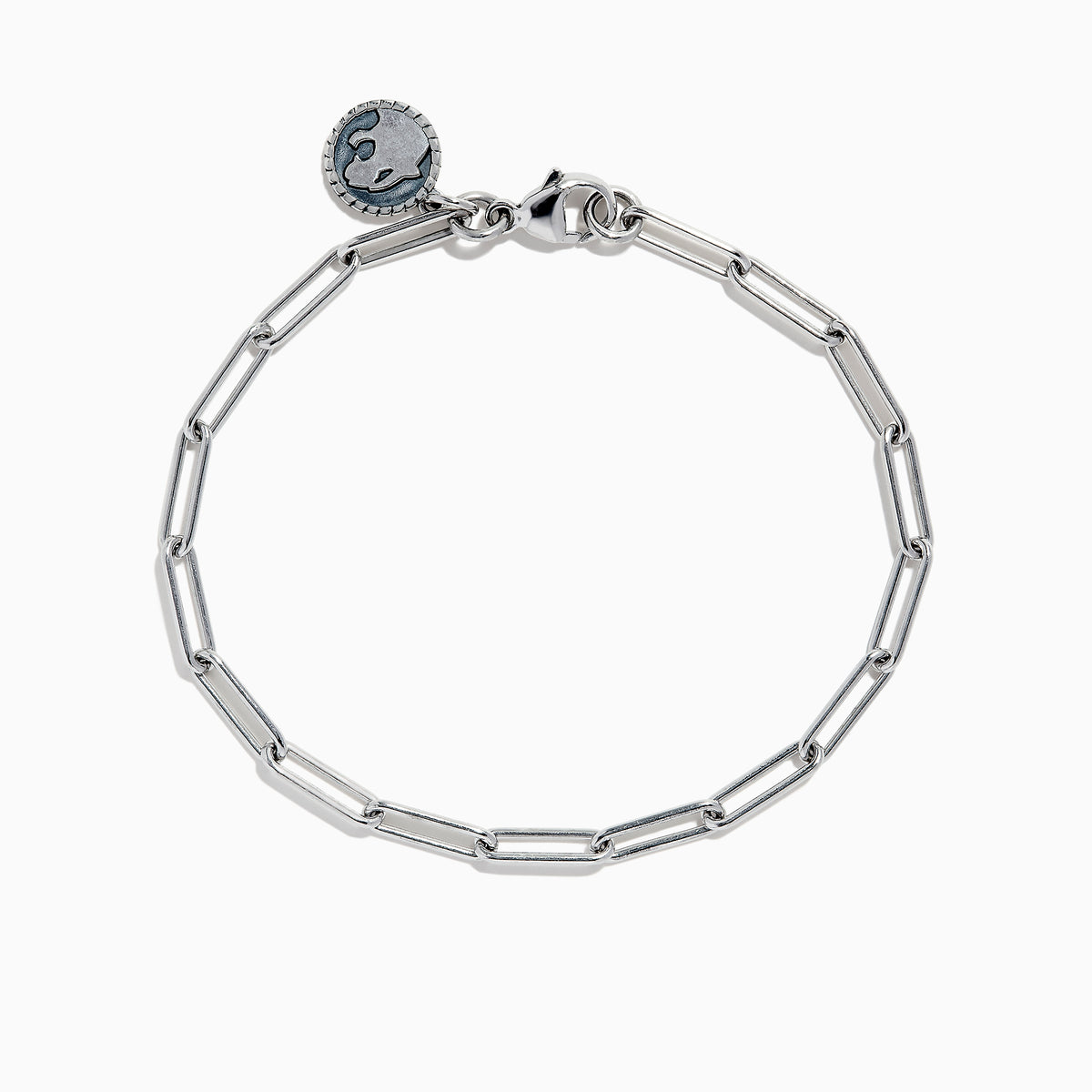 The 925 Sterling Silver Paperclip Chain Bracelet features elongated oval links and a round engraved charm, shown on a white background.