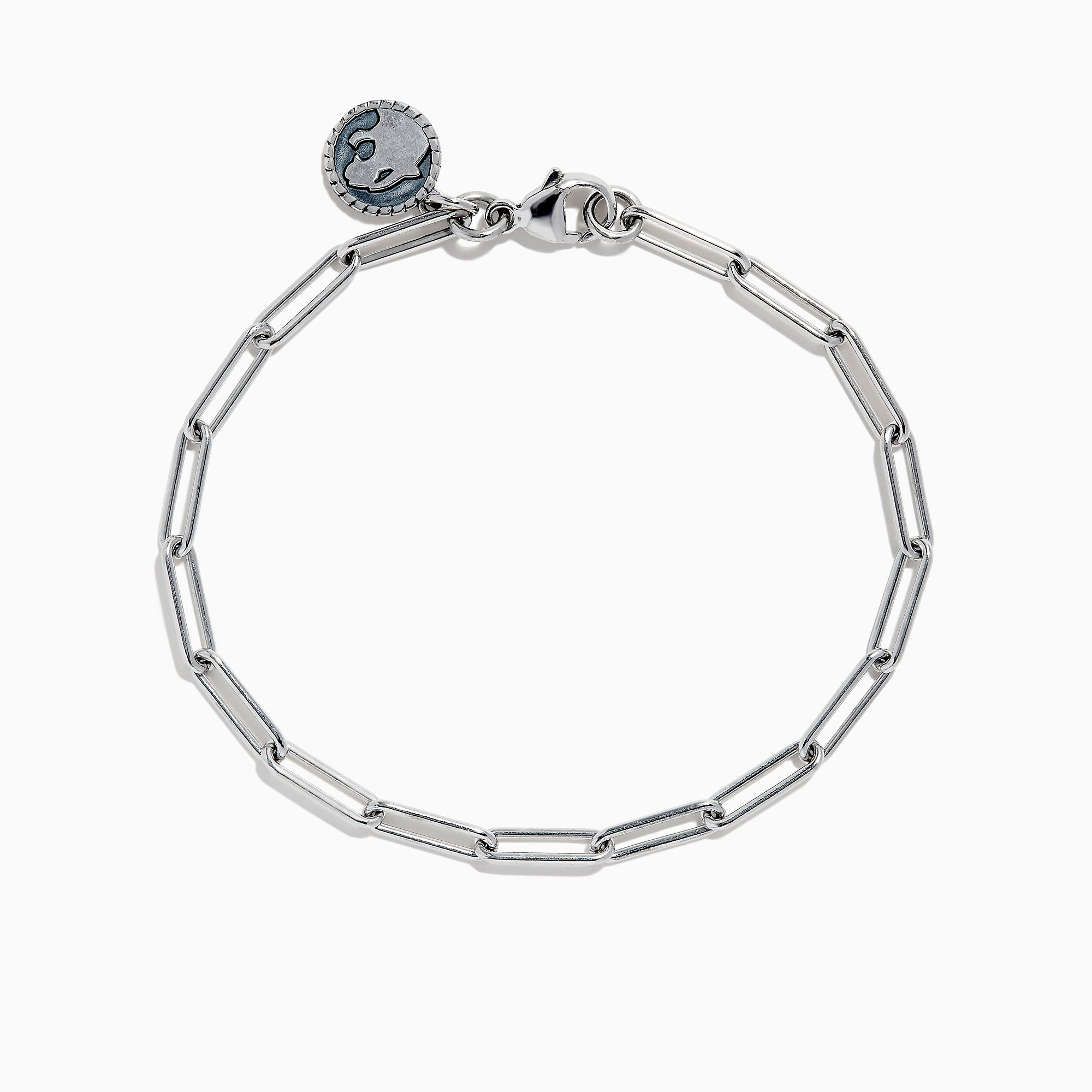 The 925 Sterling Silver Paperclip Chain Bracelet features elongated oval links and a round engraved charm, shown on a white background.