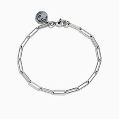 The 925 Sterling Silver Paperclip Chain Bracelet features elongated oval links and a round engraved charm, shown on a white background.