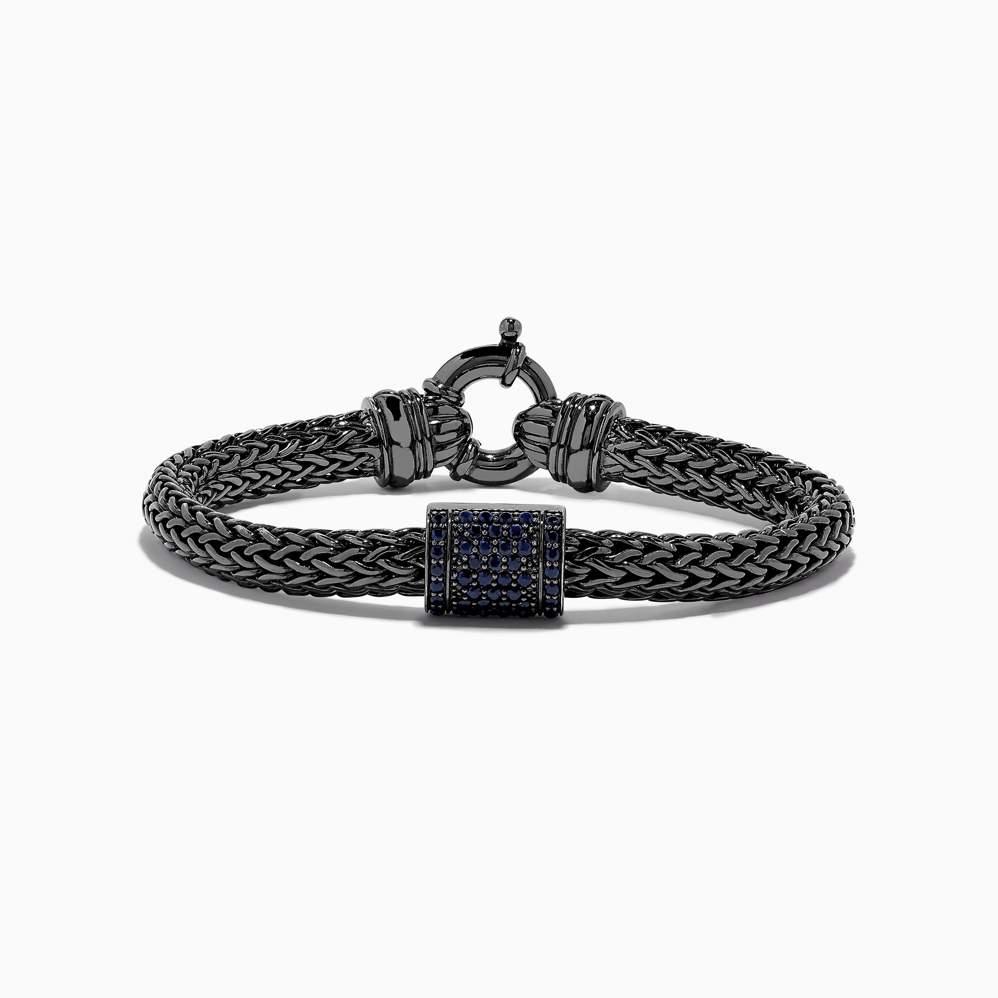 The Mens Sterling Silver Black Rhodium Braided Chain Blue Sapphire Bracelet 1.40 TCW features a square centerpiece set with blue sapphires and a round clasp, shown on a white background.
