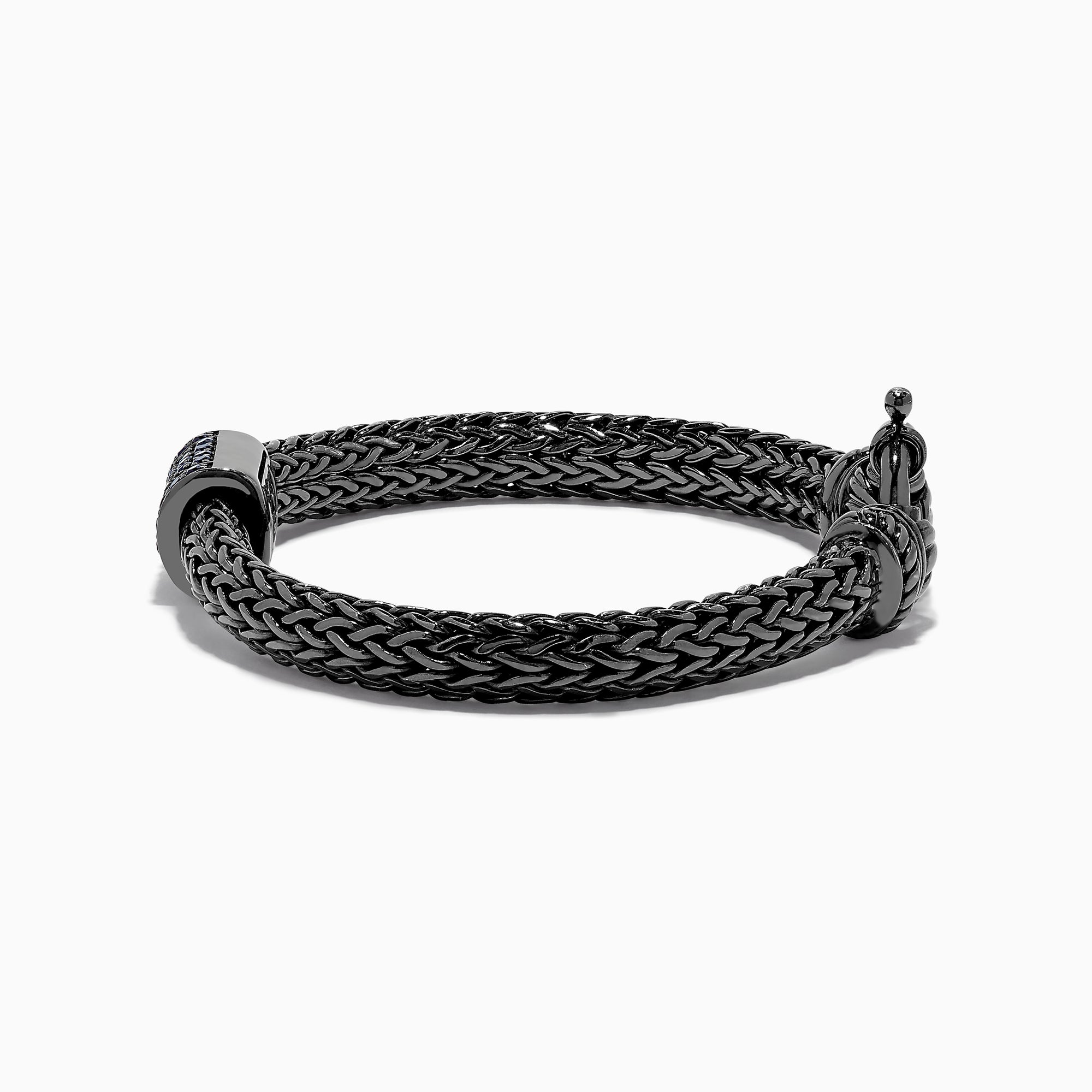 The Mens Sterling Silver Black Rhodium Braided Chain Blue Sapphire Bracelet 1.40 TCW features a square centerpiece set with blue sapphires and a round clasp, shown on a white background.
