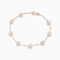 The 14K Rose Gold Blush Freshwater Pearl Bracelet features evenly spaced white freshwater pearls on a delicate rose gold chain, secured with a small spring ring clasp and displayed on a plain white background.