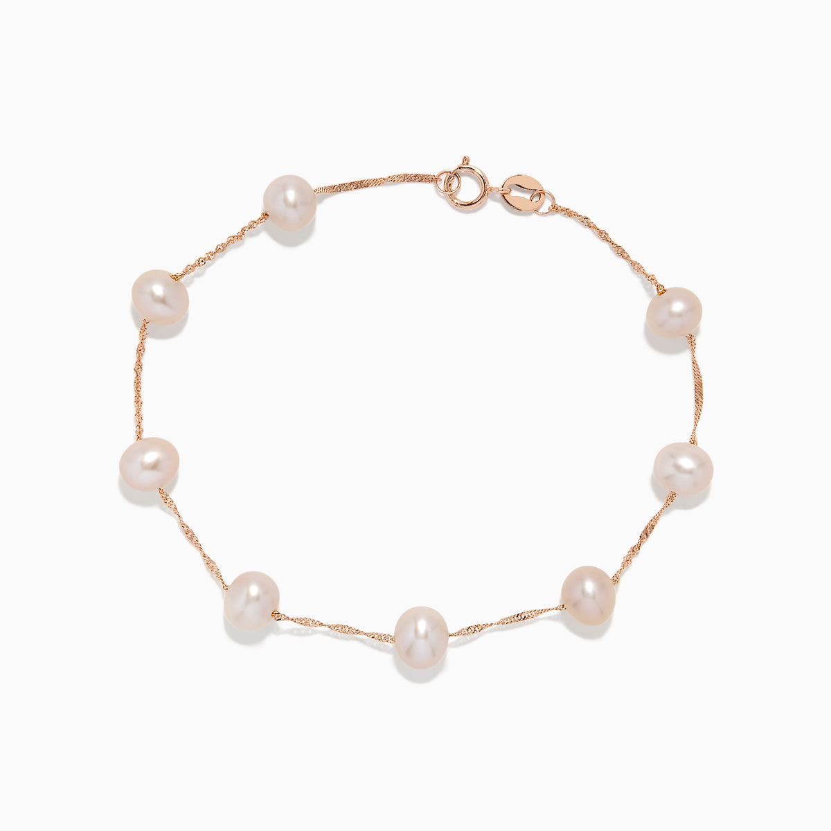The 14K Rose Gold Blush Freshwater Pearl Bracelet features evenly spaced white freshwater pearls on a delicate rose gold chain, secured with a small spring ring clasp and displayed on a plain white background.