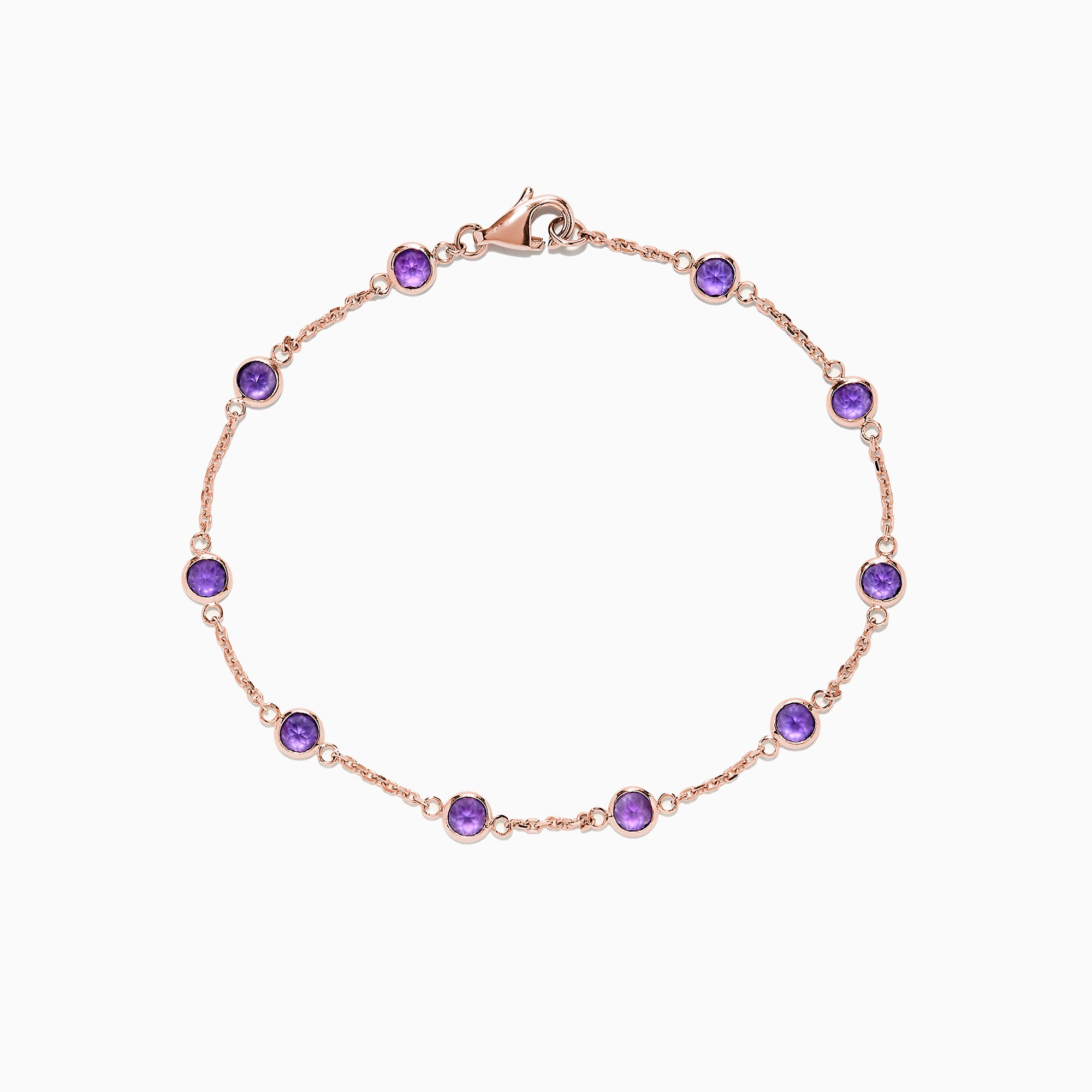 The 14K Rose Gold Amethyst Station Bracelet, 2.45 TCW, features evenly spaced round amethysts and a lobster clasp, shown on a white background.