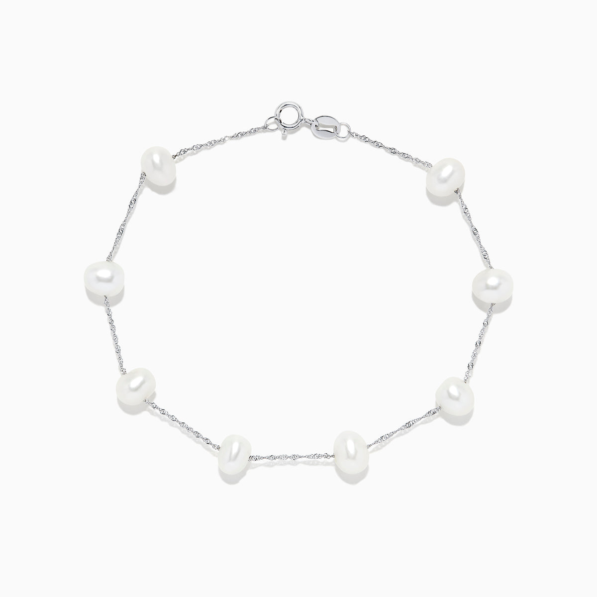 The 14K White Gold Cultured Fresh Water Pearl Station Bracelet features evenly spaced pearls and a lobster clasp, shown on a white background.