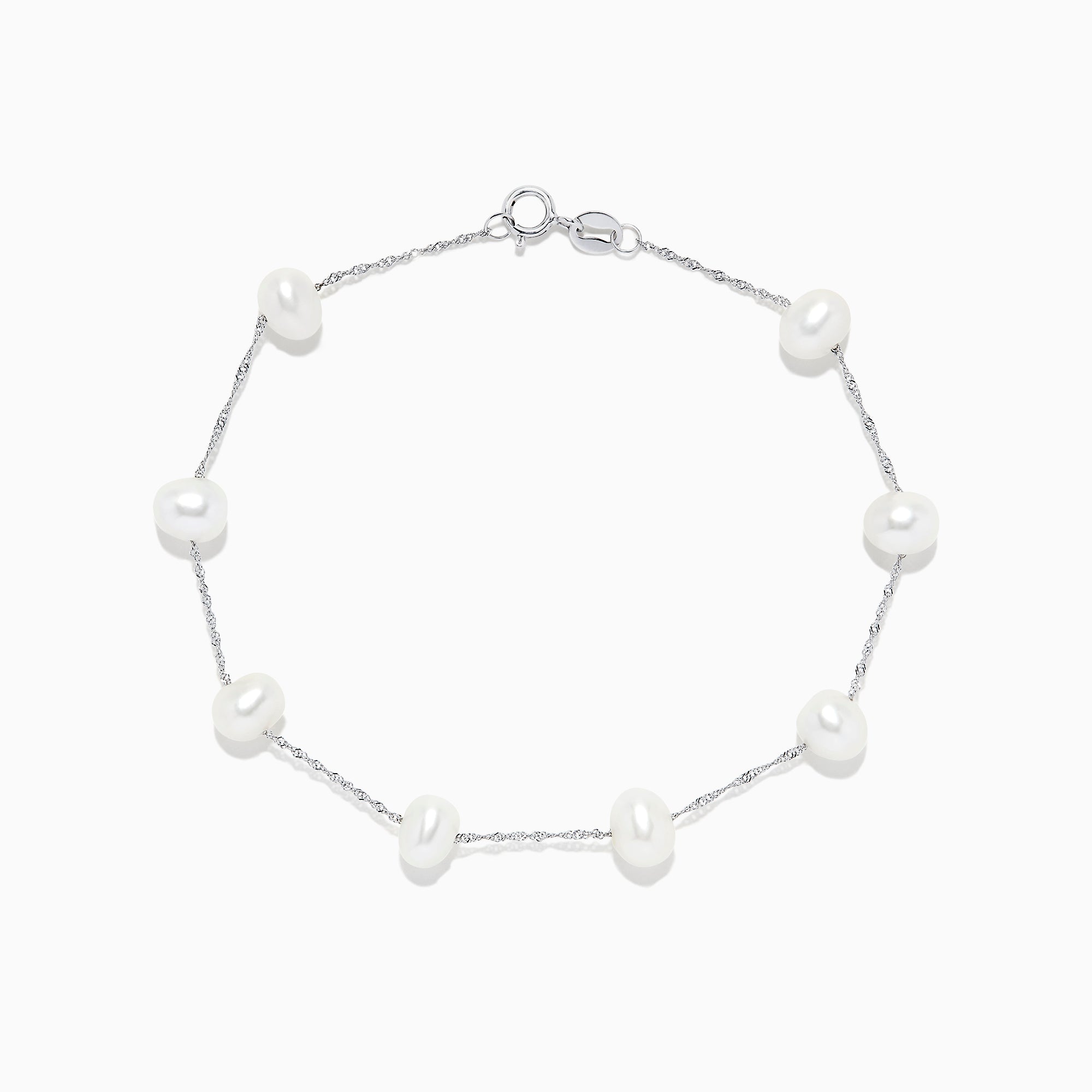 The 14K White Gold Cultured Fresh Water Pearl Station Bracelet features evenly spaced pearls and a lobster clasp, shown on a white background.