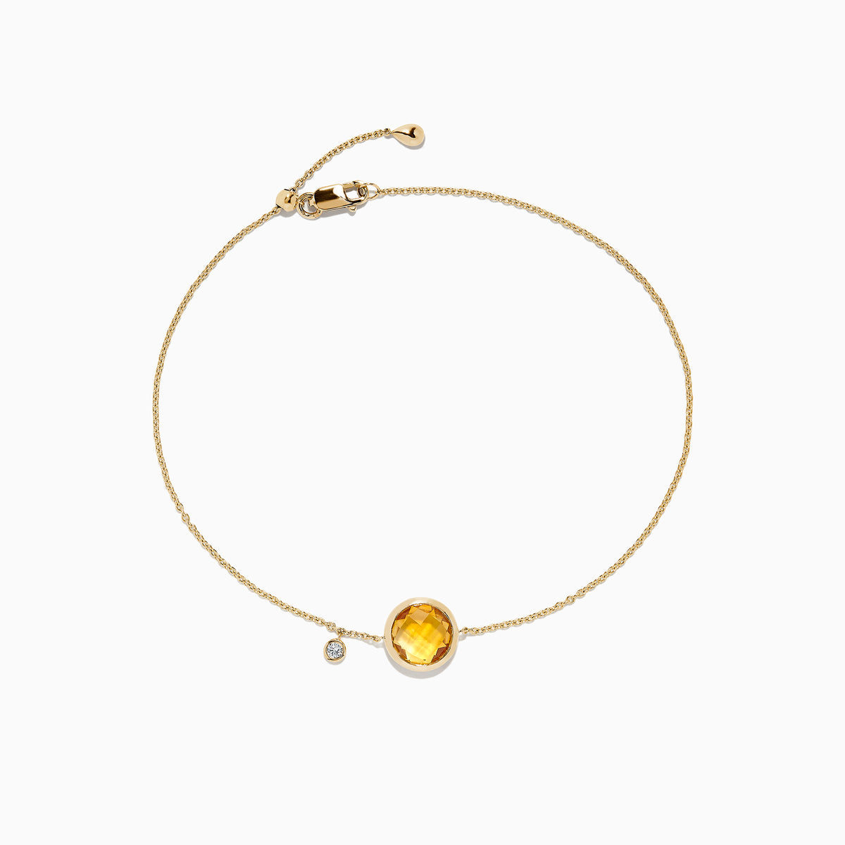 The Sunset 14K Yellow Gold Citrine & Diamond Bolo Chain Bracelet, 1.53 TCW, features a round citrine gemstone and a diamond charm on an adjustable sliding clasp, shown on a white background.