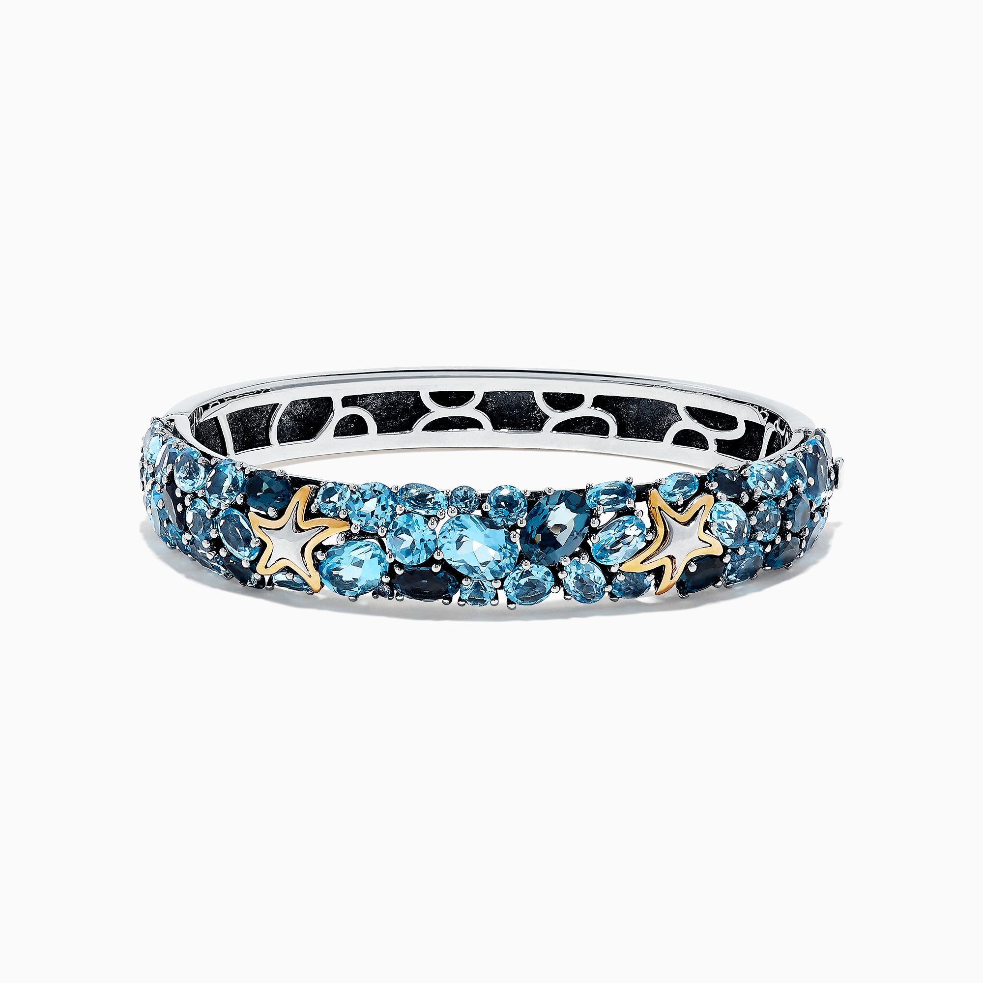The Seaside Silver and 18K Gold Blue Topaz Starfish Bangle, 26.80 TCW, features clusters of blue topaz gemstones, gold star-shaped accents, and an openwork honeycomb pattern on the inner band.