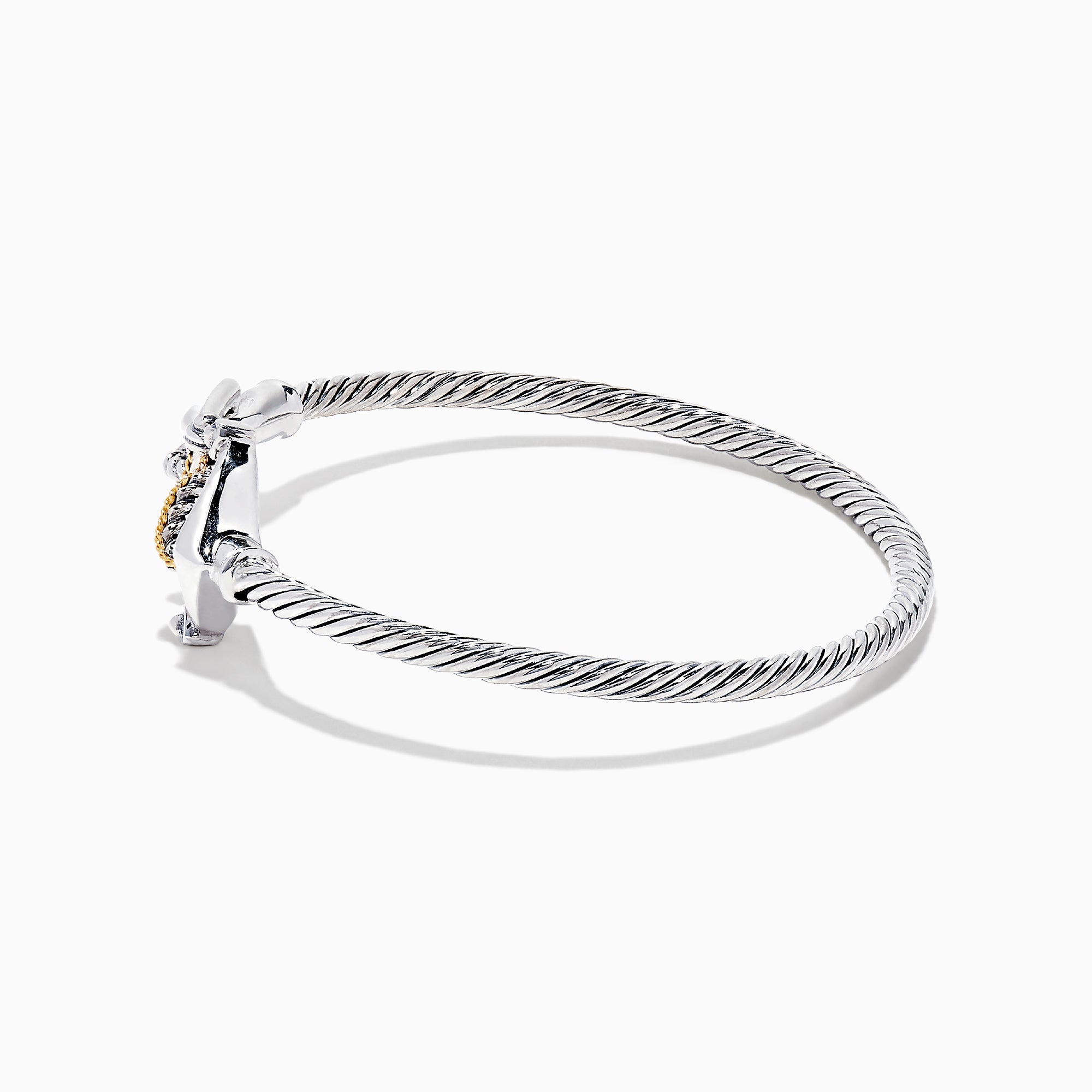 The Seaside Sterling Silver & 18K Gold Anchor Bangle features a twisted cable design, an anchor-shaped clasp, and rope detail for a nautical touch, showcased on a white background.