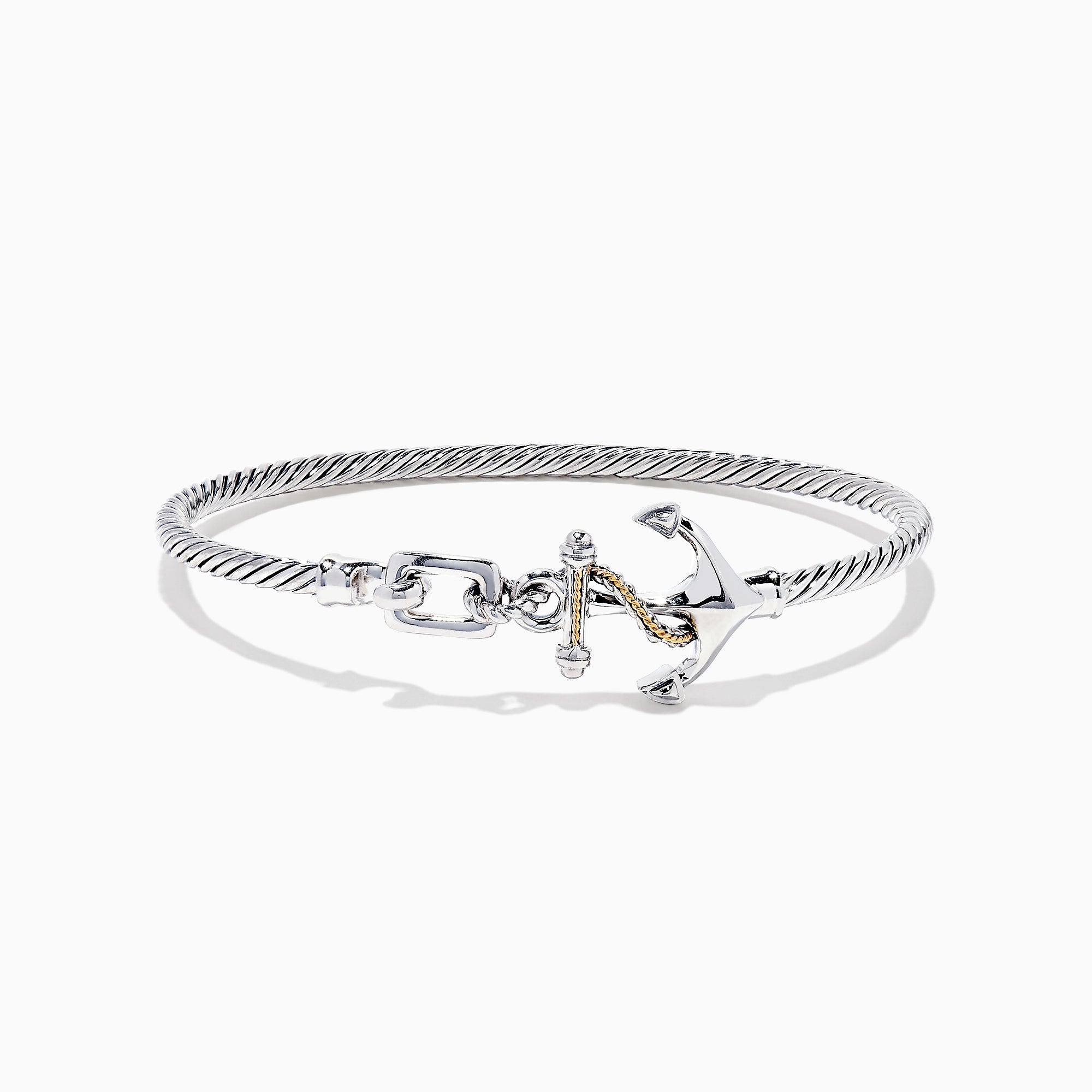 The Seaside Sterling Silver & 18K Gold Anchor Bangle features a twisted cable design, an anchor-shaped clasp, and rope detail for a nautical touch, showcased on a white background.