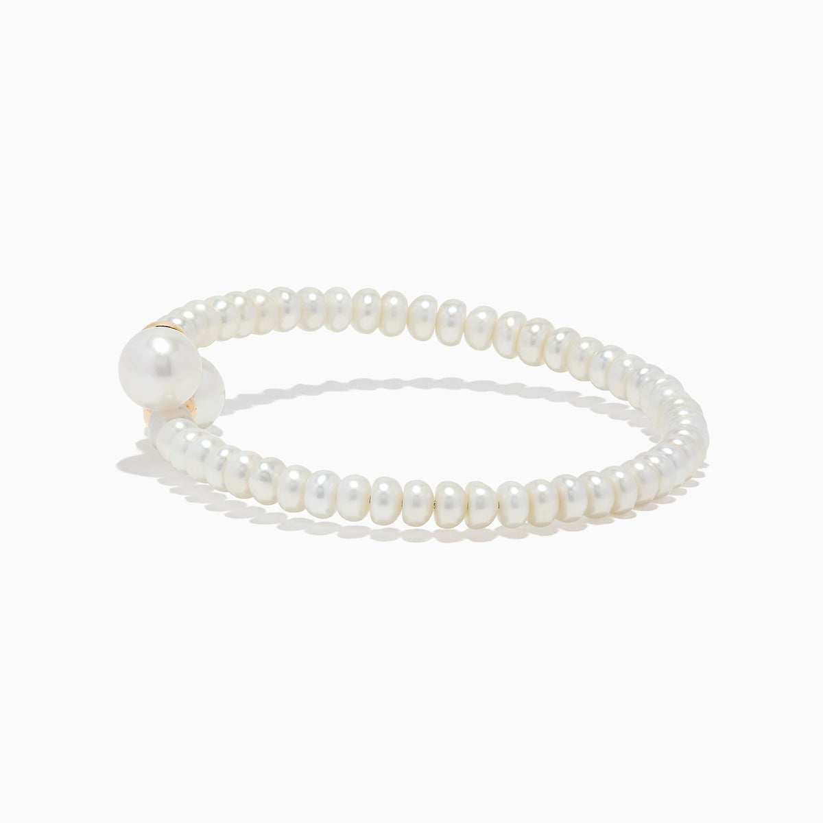 The 14K Yellow Gold Cultured Fresh Water Pearl Wrap Bracelet features small cultured pearls, two larger center pearls, and two yellow gold beads, all showcased on a white background.