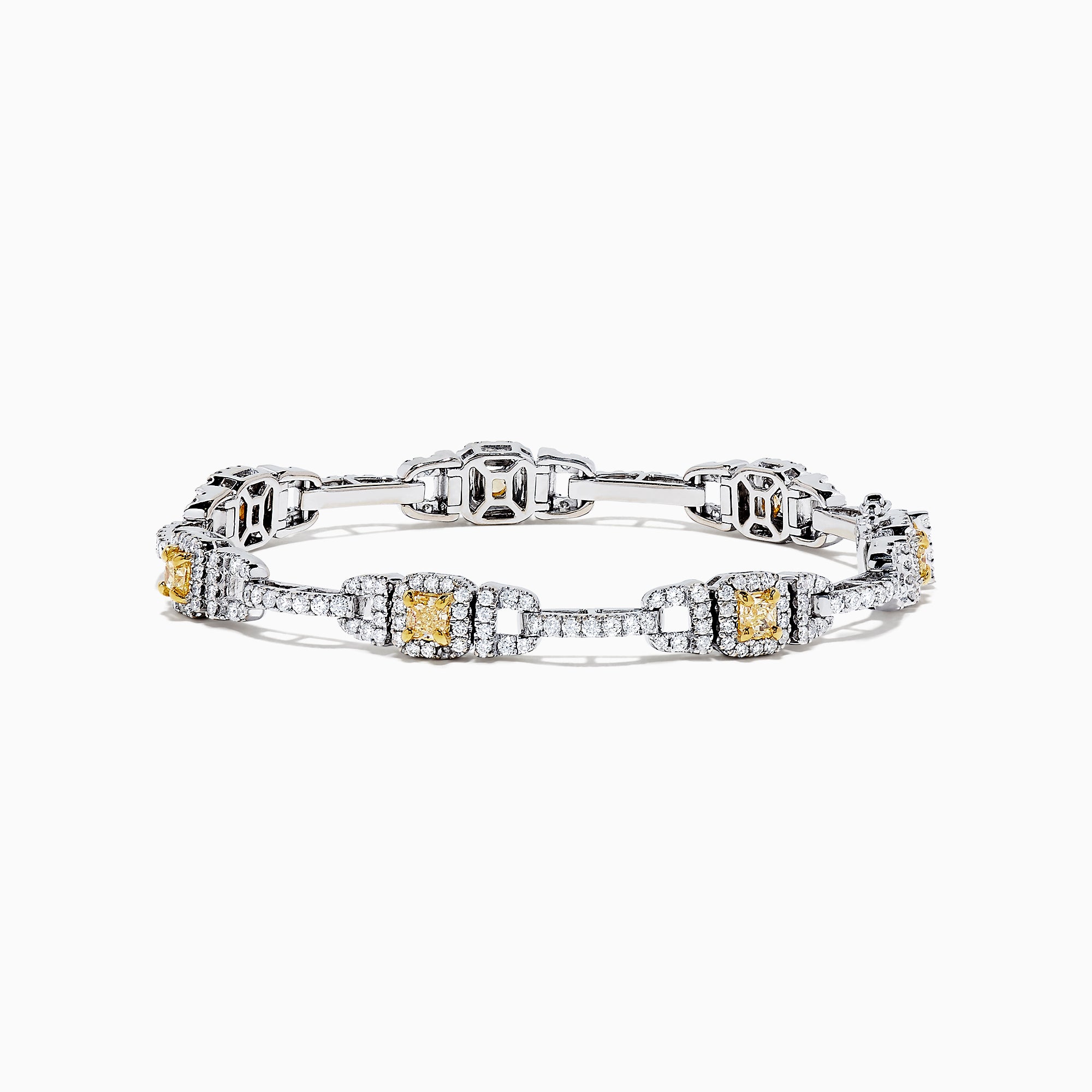 An elegant 18K two tone gold bracelet featuring rectangular yellow gemstones and white diamonds (4.37 TCW), with each gem framed by diamonds and joined by diamond-studded links in an intricate design.