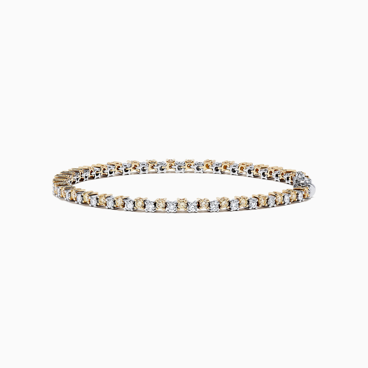 The 14K Two Tone Gold Yellow and White Diamond Tennis Bracelet, 4.30 TCW, features a continuous row of sparkling diamonds in alternating yellow and white gold links, displayed against a white background.