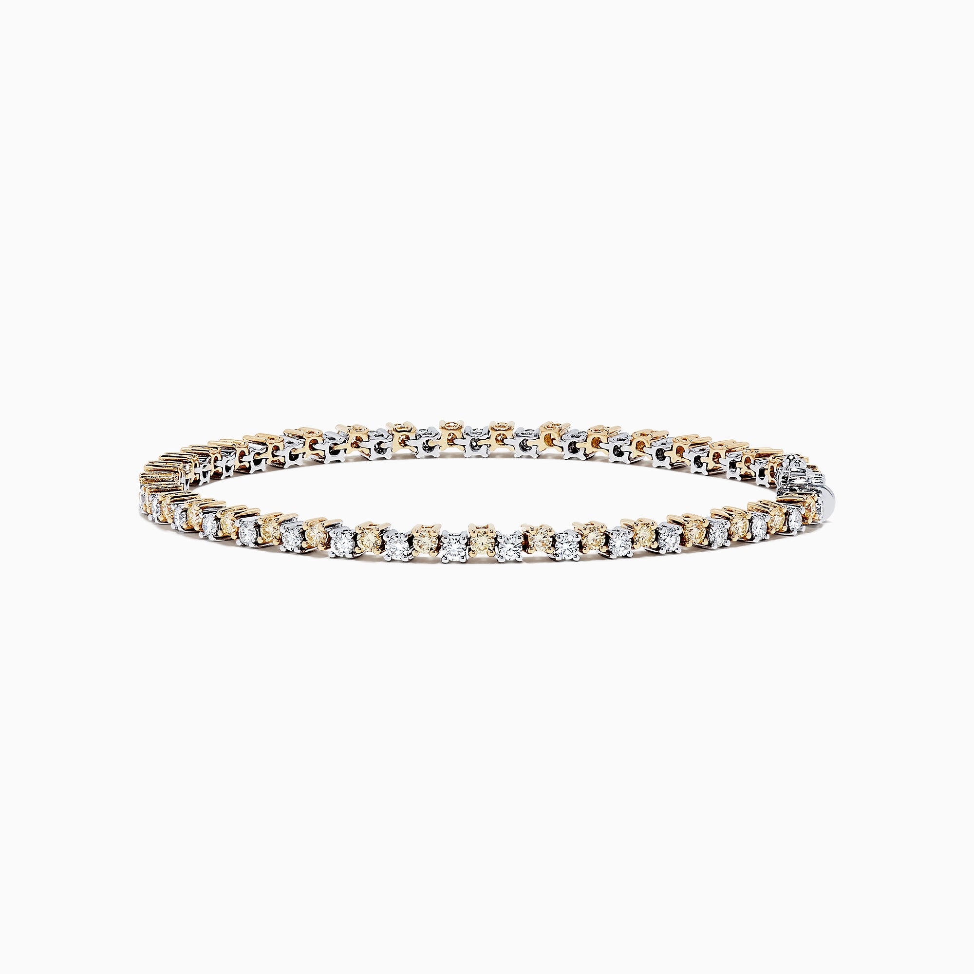 The 14K Two Tone Gold Yellow and White Diamond Tennis Bracelet, 4.30 TCW, features a continuous row of sparkling diamonds in alternating yellow and white gold links, displayed against a white background.
