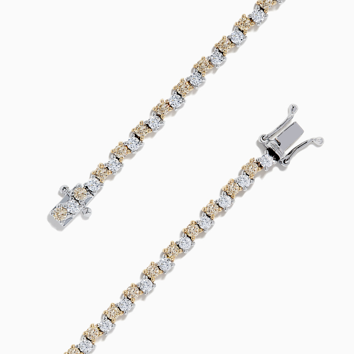 The 14K Two Tone Gold Yellow and White Diamond Tennis Bracelet, 4.30 TCW, features a continuous row of sparkling diamonds in alternating yellow and white gold links, displayed against a white background.