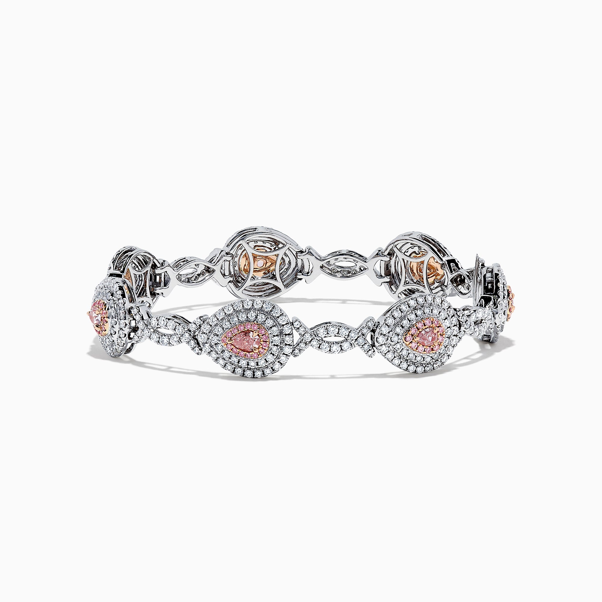 18K two-tone gold bracelet featuring GIA certified pink diamonds (5.39 TCW) in oval and marquise shapes, accented by small clear stones and detailed filigree on the sides.
