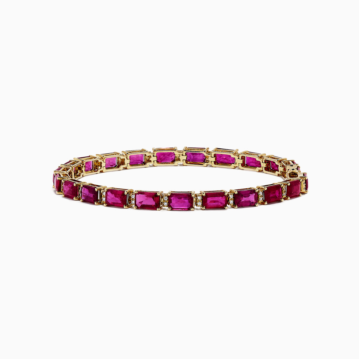 A 14K yellow gold bracelet set with rubies and diamonds, totaling 14.97 TCW, arranged in an elegant tennis style.