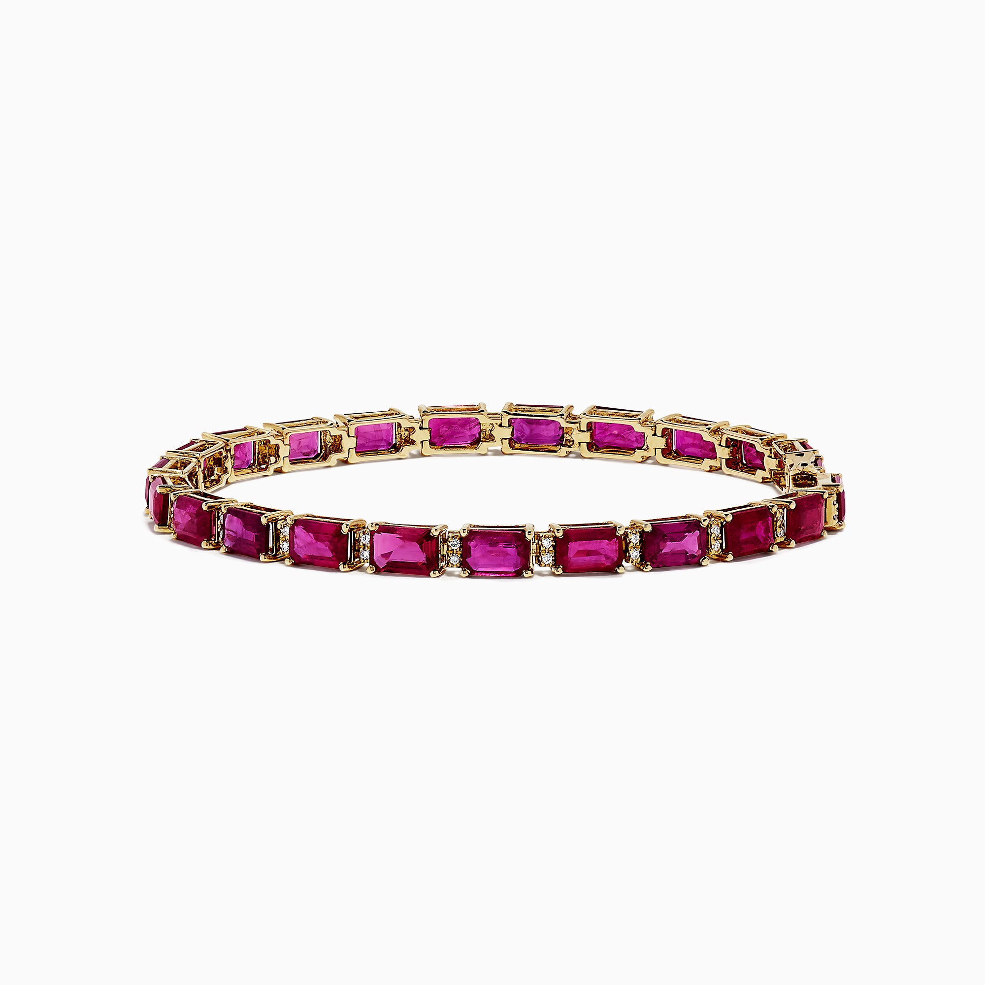 A 14K yellow gold bracelet set with rubies and diamonds, totaling 14.97 TCW, arranged in an elegant tennis style.