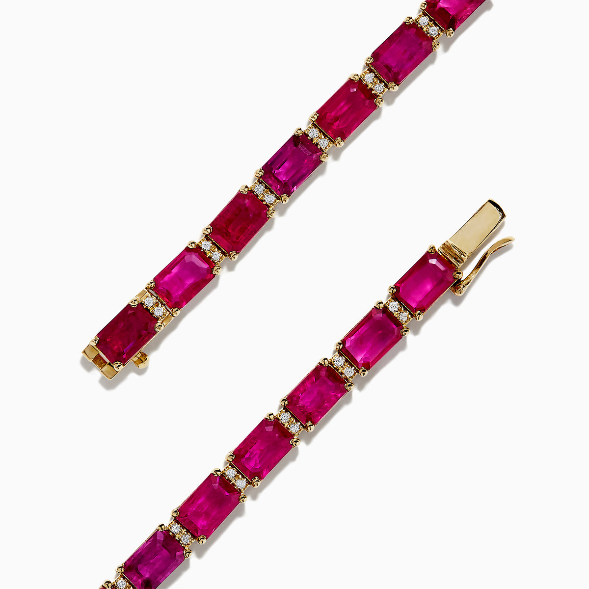A 14K yellow gold bracelet set with rubies and diamonds, totaling 14.97 TCW, arranged in an elegant tennis style.