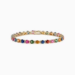The 14K Yellow Gold Multi Sapphire and Diamond Bracelet (11.16 TCW) features a single row of round sapphires in blue, green, pink, and yellow hues, accented with diamonds and finished with a secure clasp.