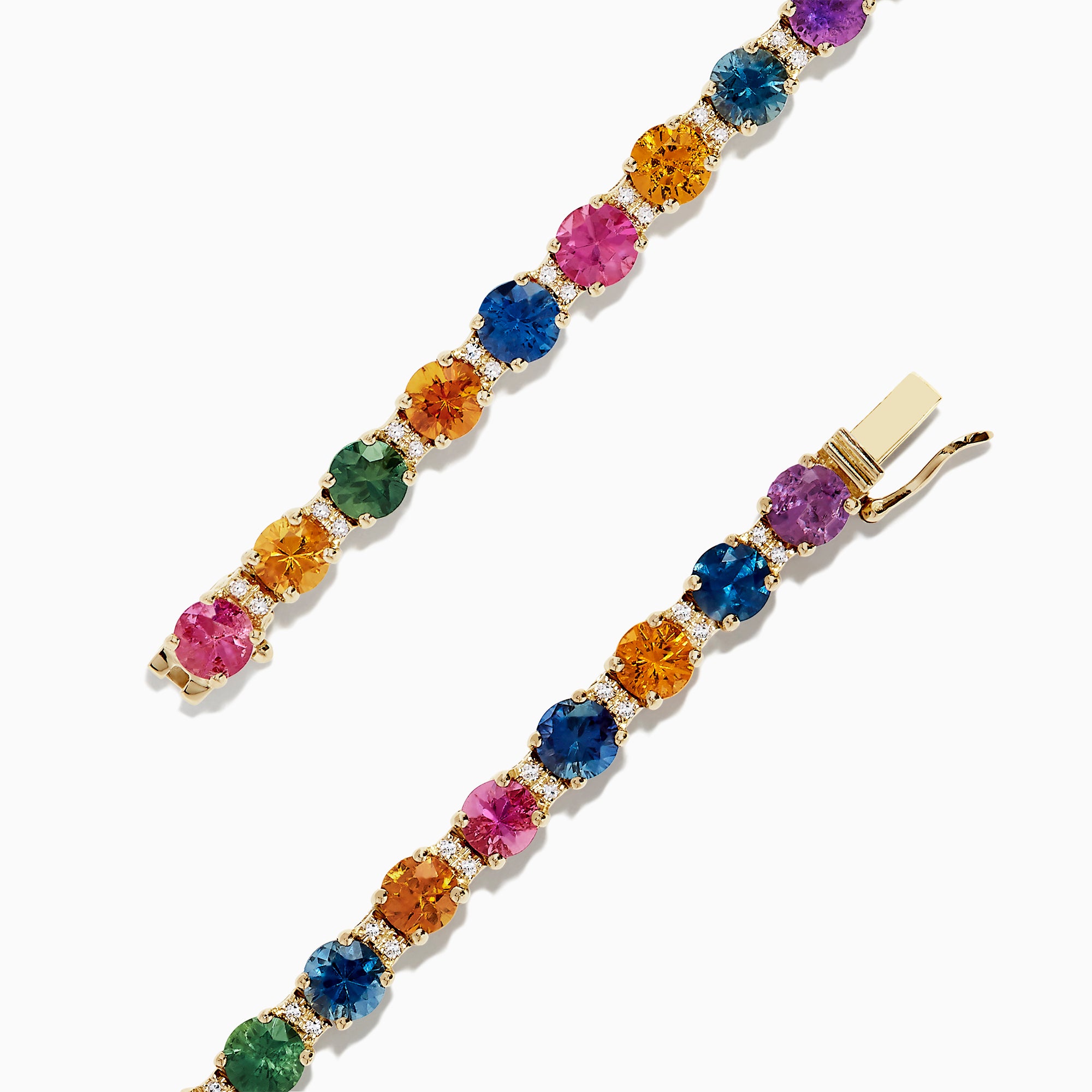 The 14K Yellow Gold Multi Sapphire and Diamond Bracelet (11.16 TCW) features a single row of round sapphires in blue, green, pink, and yellow hues, accented with diamonds and finished with a secure clasp.