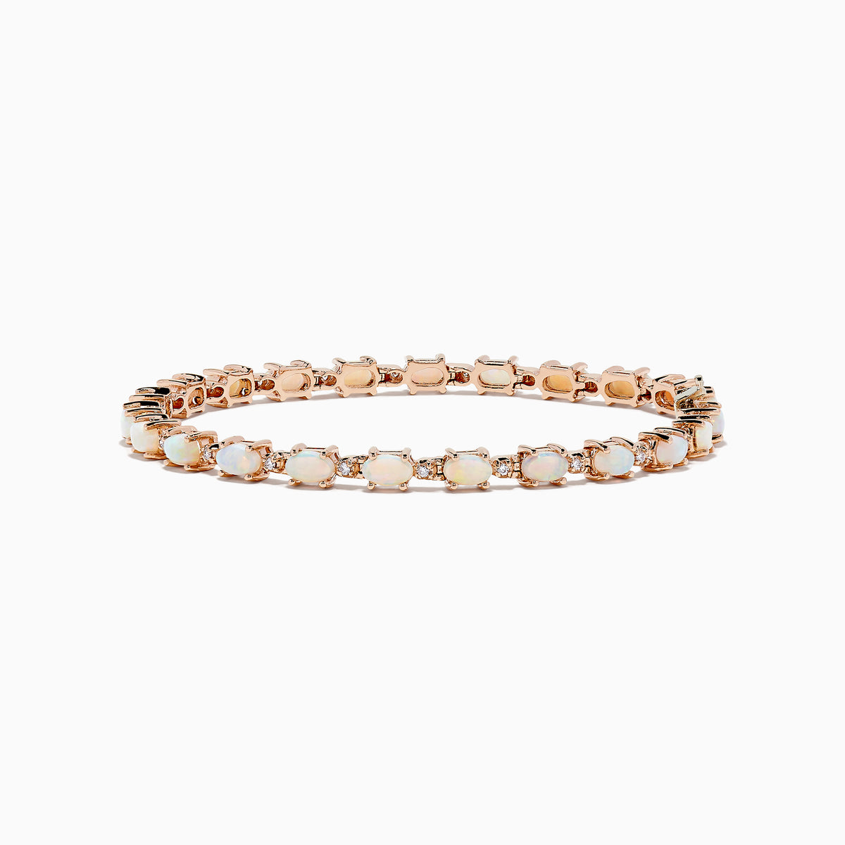 The Aurora 14K Rose Gold Opal Tennis Bracelet, 4.72 TCW, showcases round white opals set in a continuous line along a rose gold band for an elegant look.