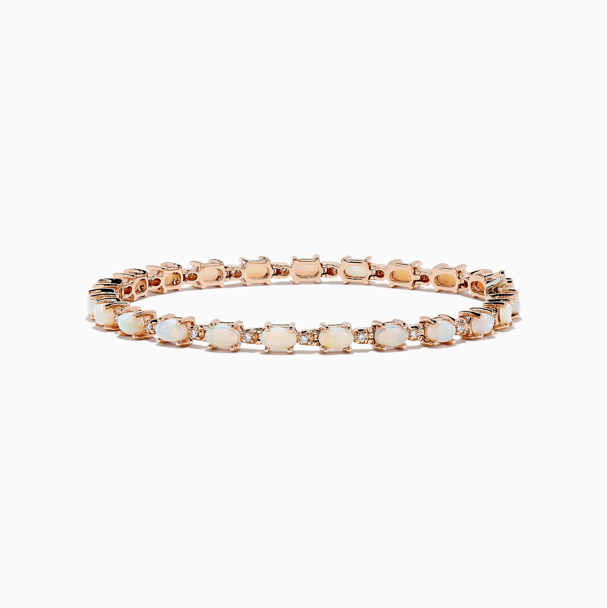 The Aurora 14K Rose Gold Opal Tennis Bracelet, 4.72 TCW, showcases round white opals set in a continuous line along a rose gold band for an elegant look.