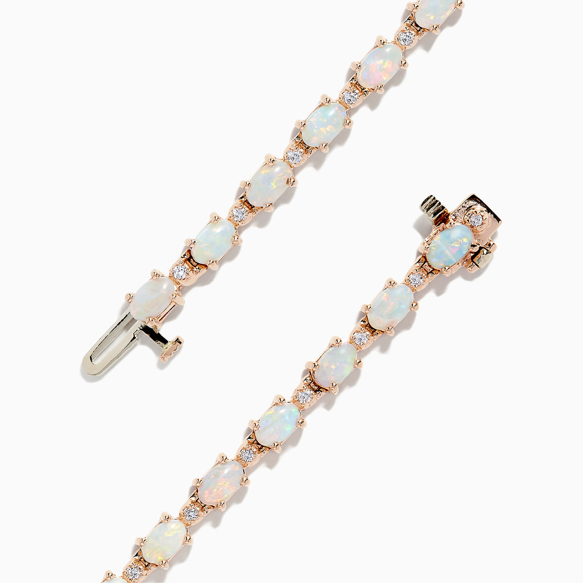 The Aurora 14K Rose Gold Opal Tennis Bracelet, 4.72 TCW, showcases round white opals set in a continuous line along a rose gold band for an elegant look.