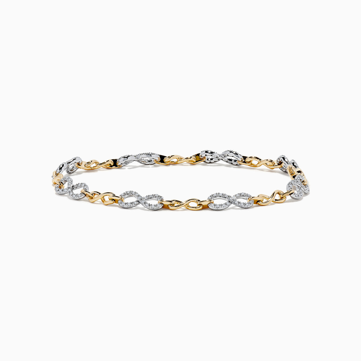 The Duo 14K Two Tone Gold Diamond Infinity Tennis Bracelet 0.53 TCW features alternating twisted gold and silver links, each set with sparkling diamonds, displayed on a plain white background.