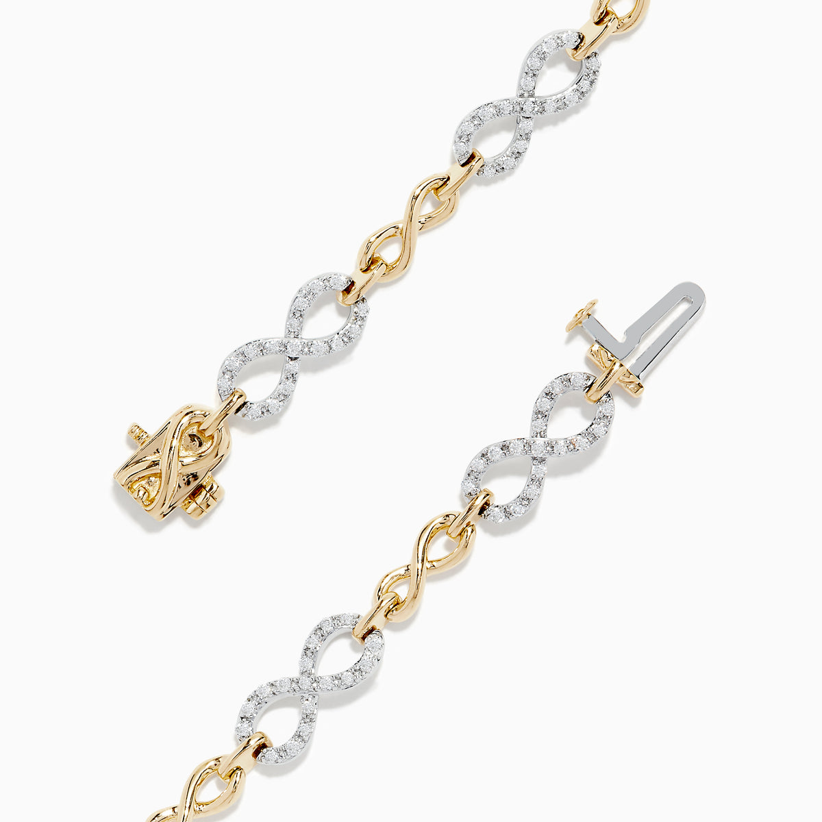 The Duo 14K Two Tone Gold Diamond Infinity Tennis Bracelet 0.53 TCW features alternating twisted gold and silver links, each set with sparkling diamonds, displayed on a plain white background.